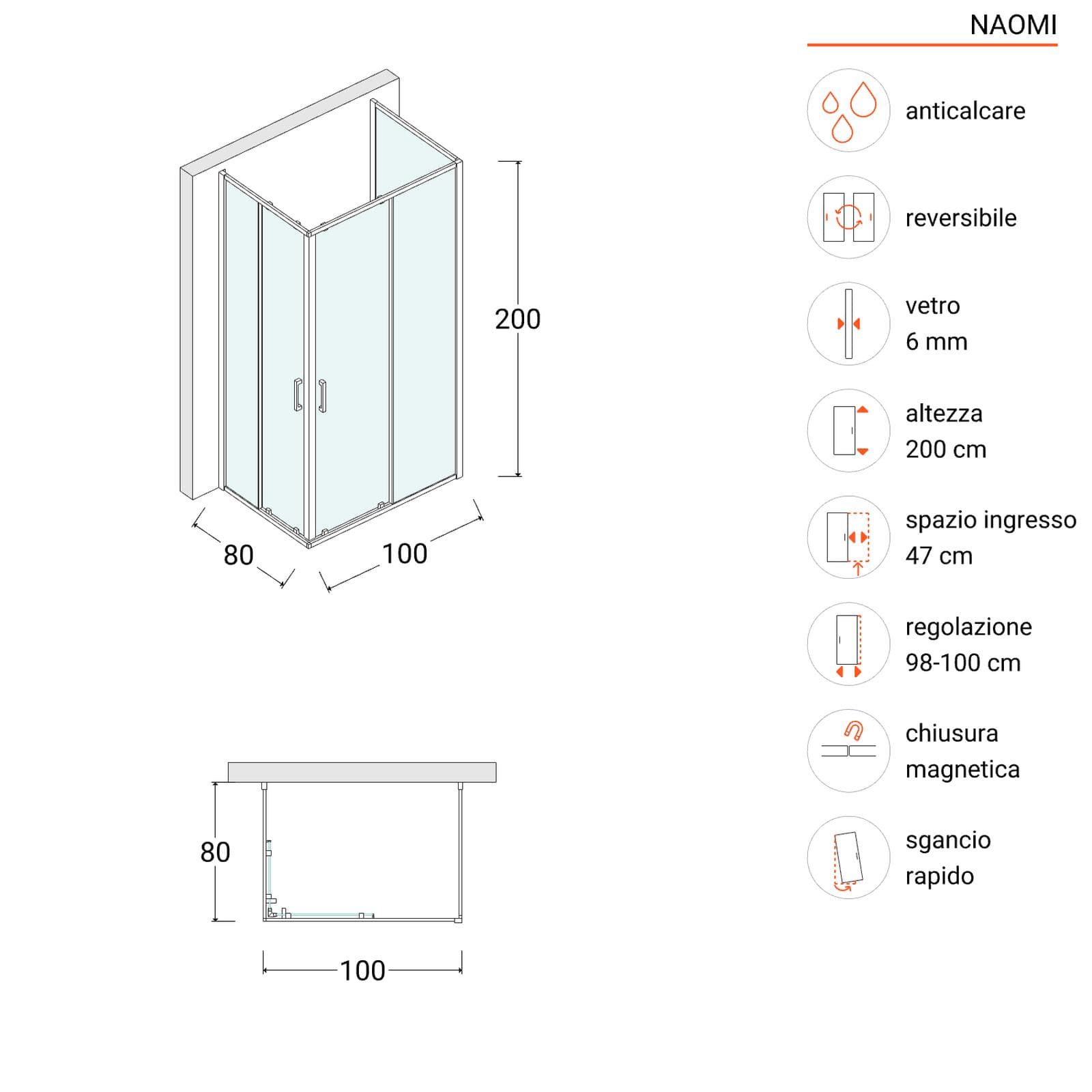 Box doccia 3 lati 80x100x80 cm telaio nero doppio scorrevole anticalcare - Naomi