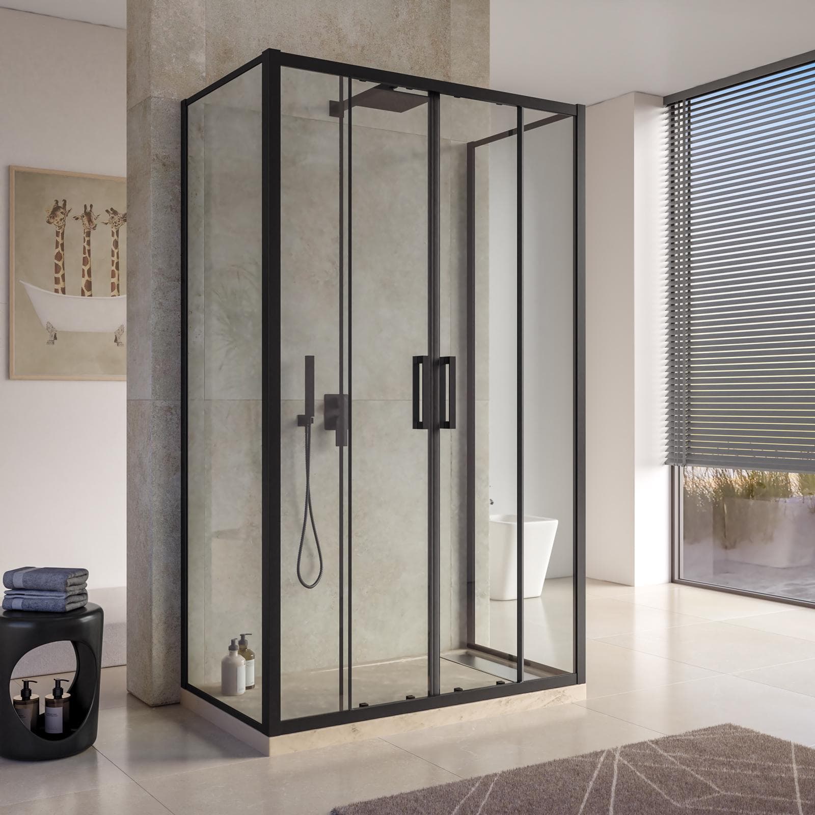 Box doccia 3 lati nero opaco 70x120x70 con porta a 4 ante scorrevole anticalcare - Naomi