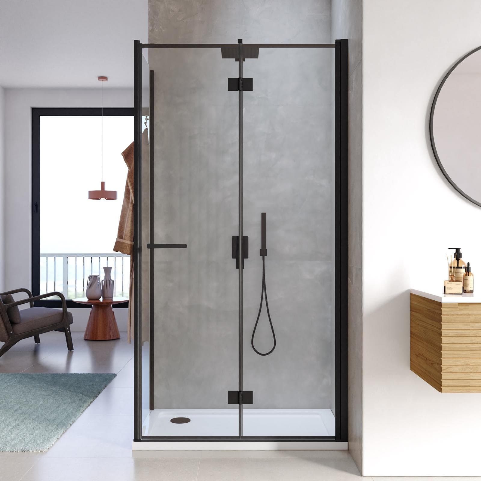 Box doccia 65x105 cm a soffietto vetro anticalcare trasparente e profilo nero opaco 195h - Flexy