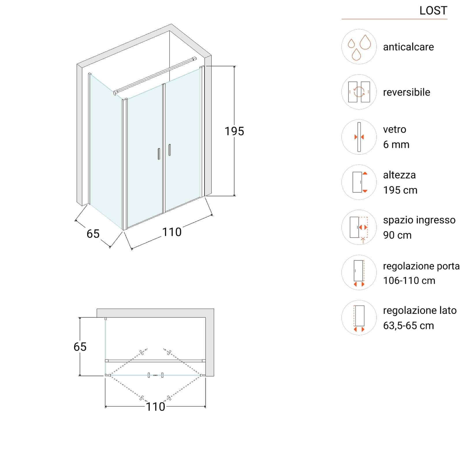 Box doccia 65x110 apertura saloon con vetro anticalcare trasparente e profilo cromo 195h - Lost