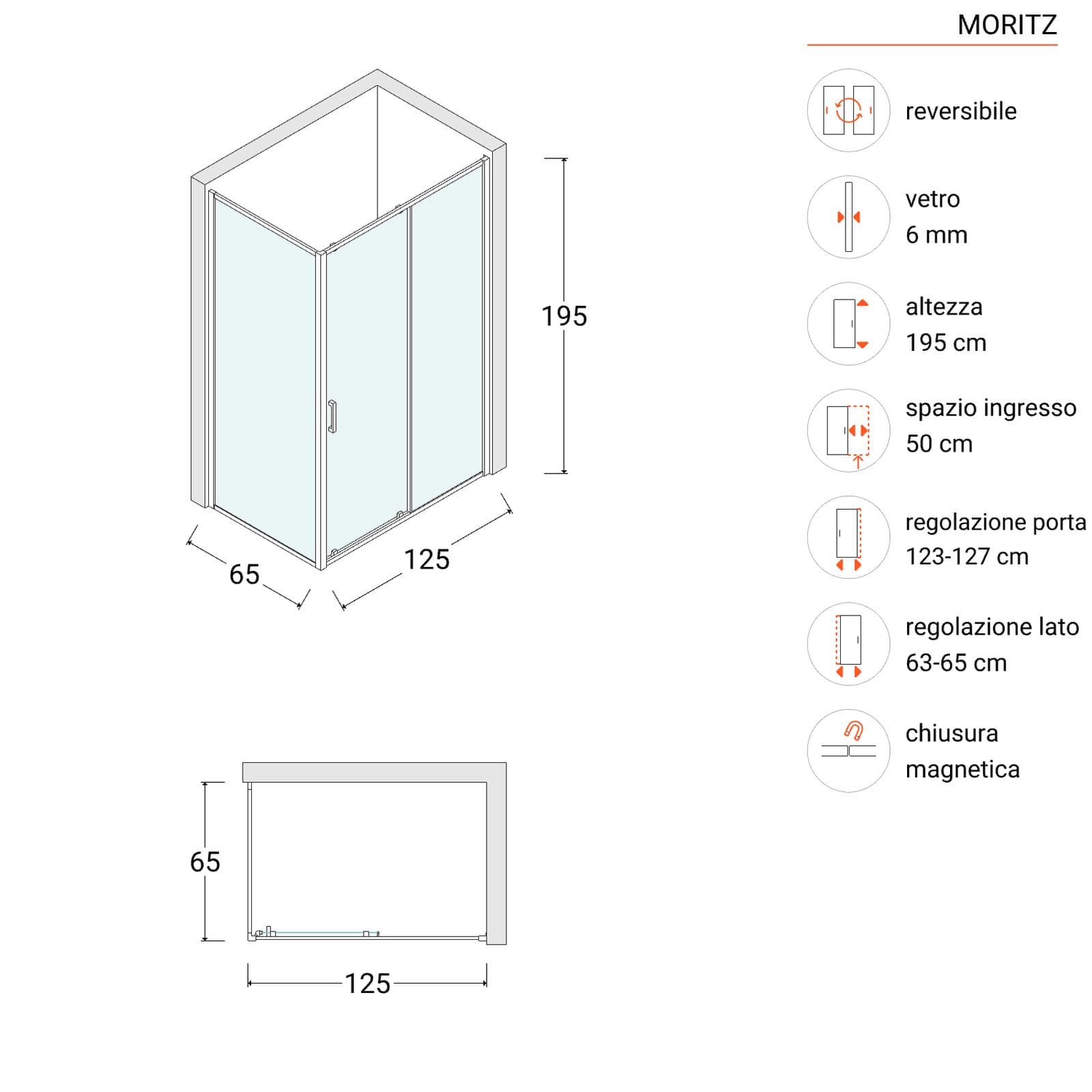 Box doccia 65x125 cm anta scorrevole vetro opaco profilo cromo 195h - Moritz