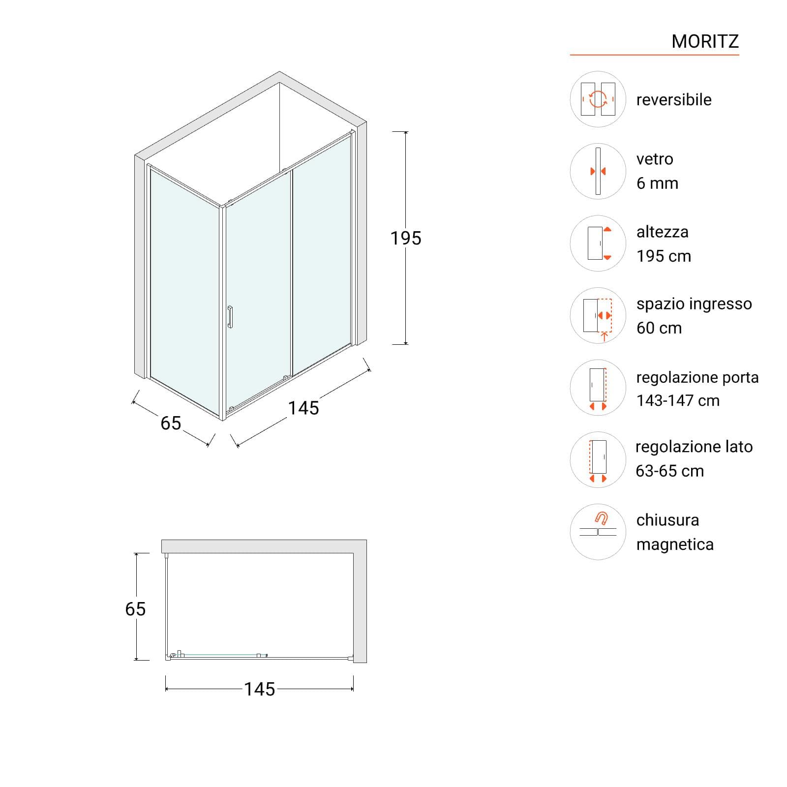 Box doccia 65x145 cm anta scorrevole vetro opaco profilo cromo 195h - Moritz