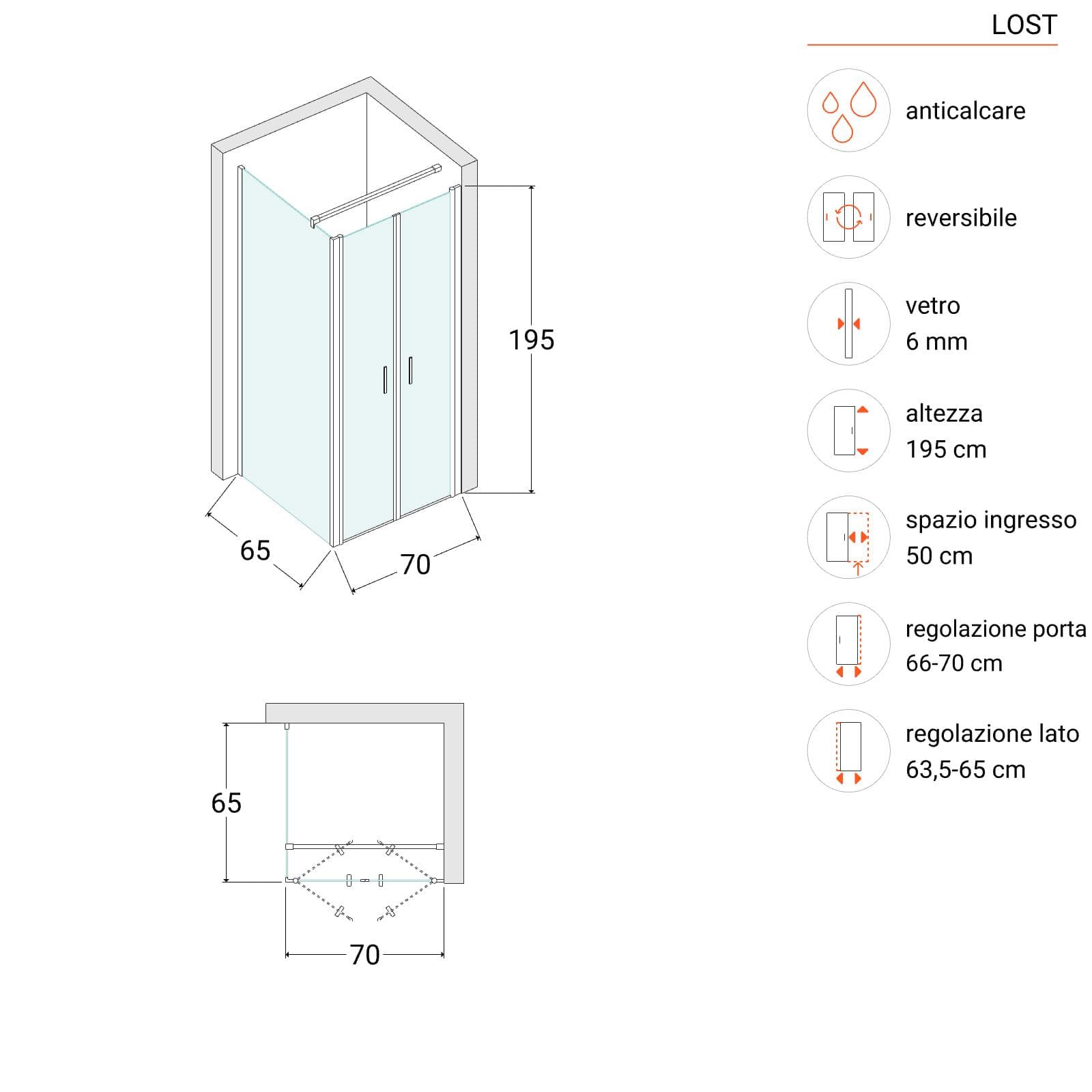 Box doccia 65x70 apertura saloon con vetro anticalcare trasparente e profilo cromo 195h - Lost
