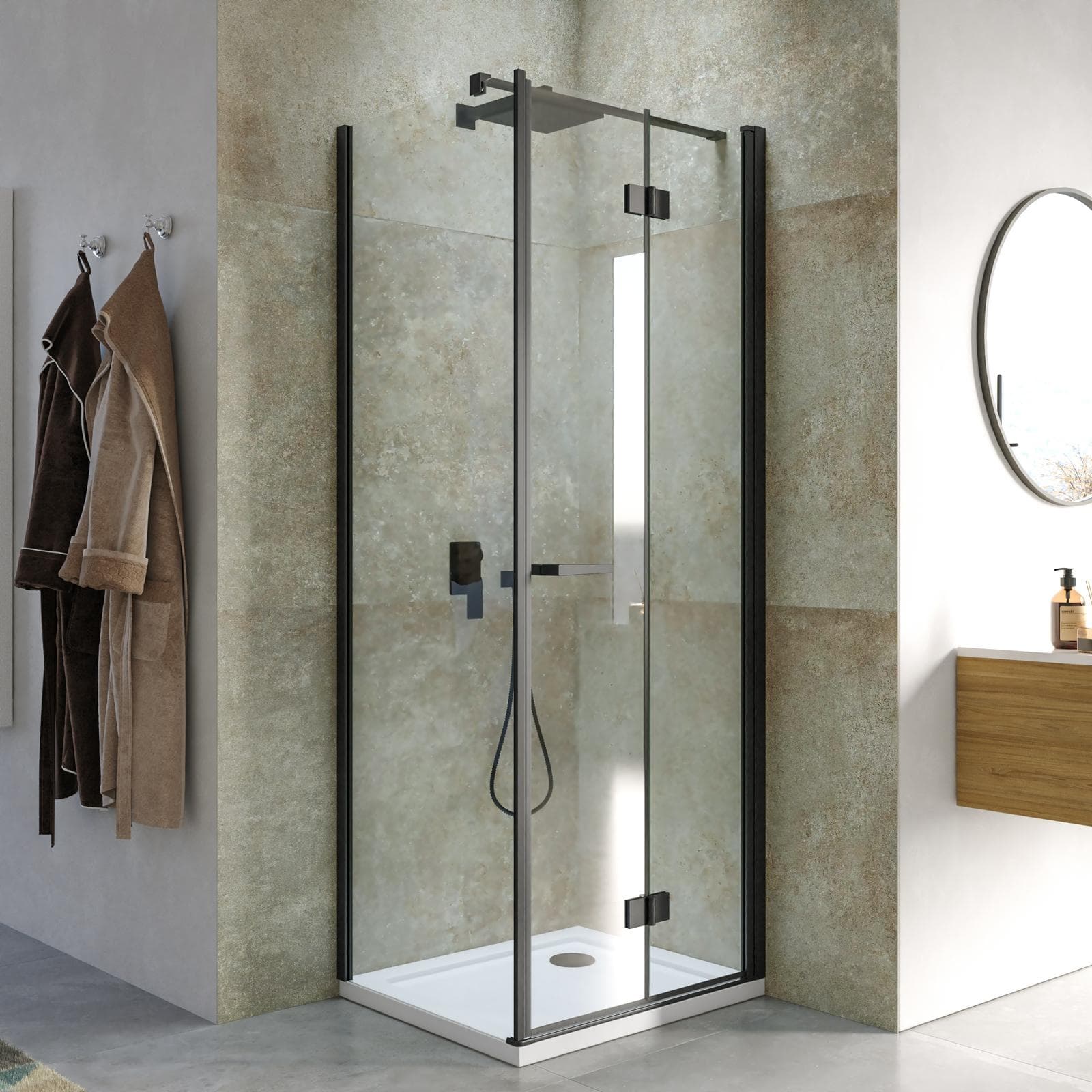 Box doccia 65x75 cm a soffietto vetro anticalcare trasparente e profilo nero opaco 195h - Flexy