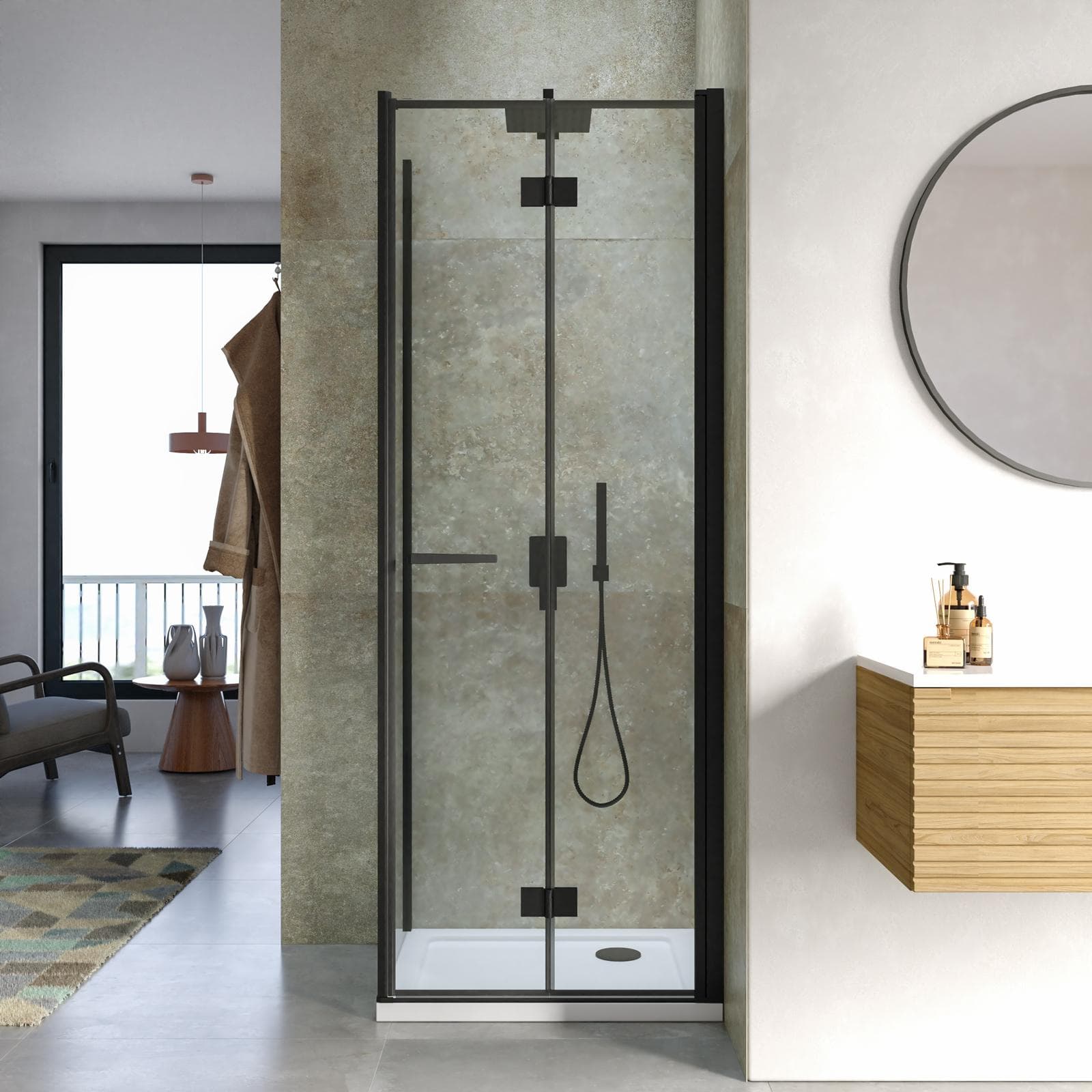 Box doccia 65x75 cm a soffietto vetro anticalcare trasparente e profilo nero opaco 195h - Flexy