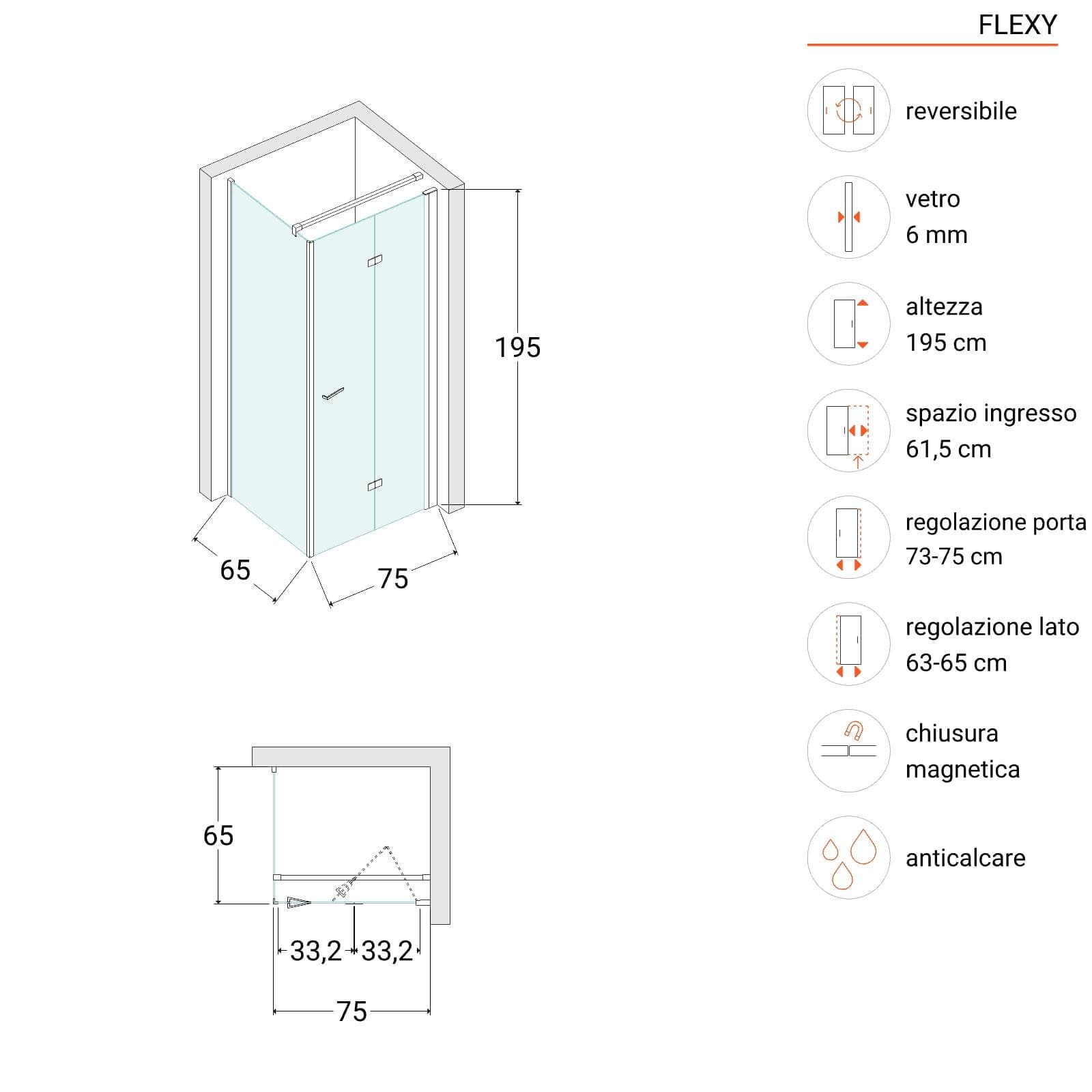 Box doccia 65x75 cm a soffietto vetro anticalcare trasparente e profilo nero opaco 195h - Flexy