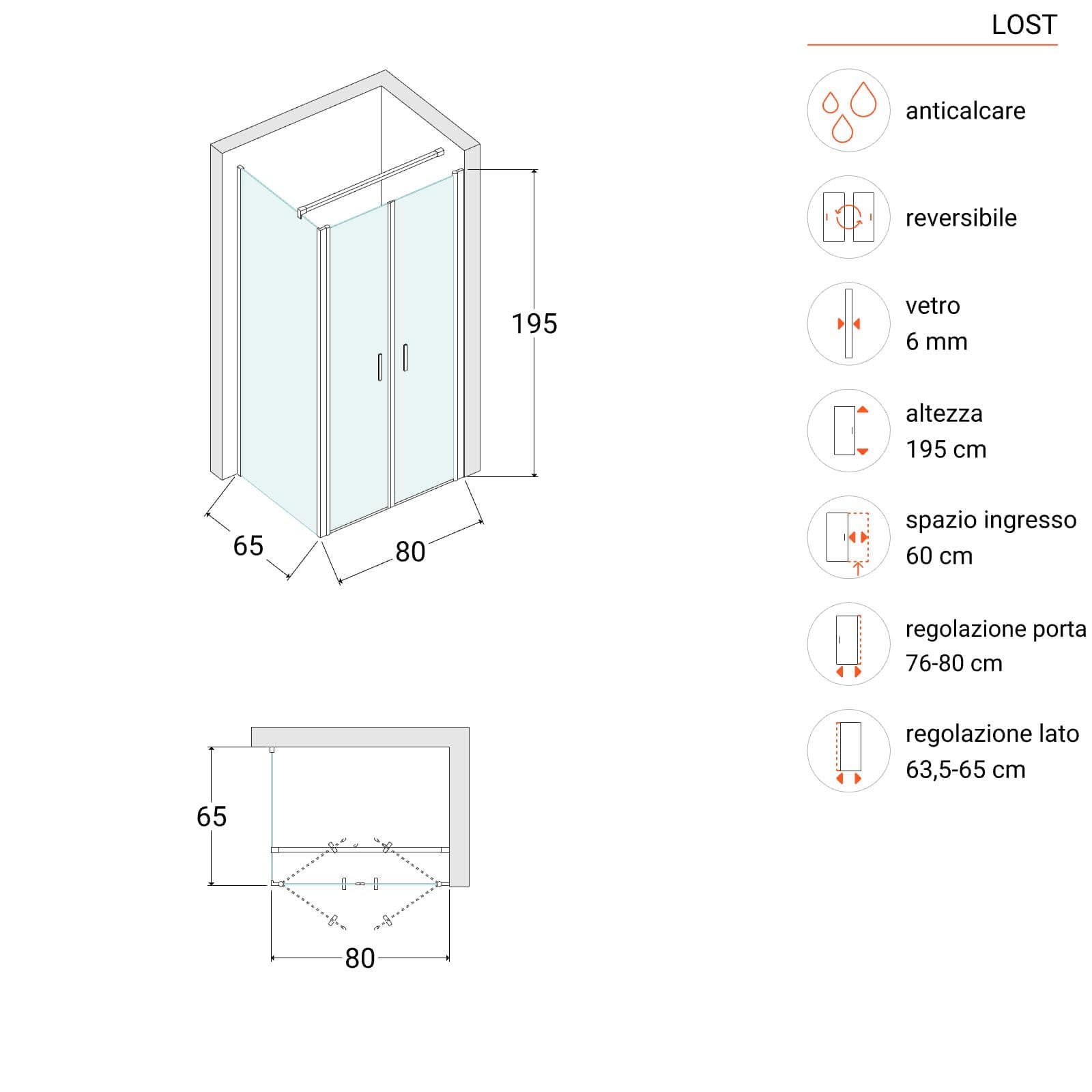 Box doccia 65x80 apertura saloon con vetro anticalcare trasparente e profilo cromo 195h - Lost