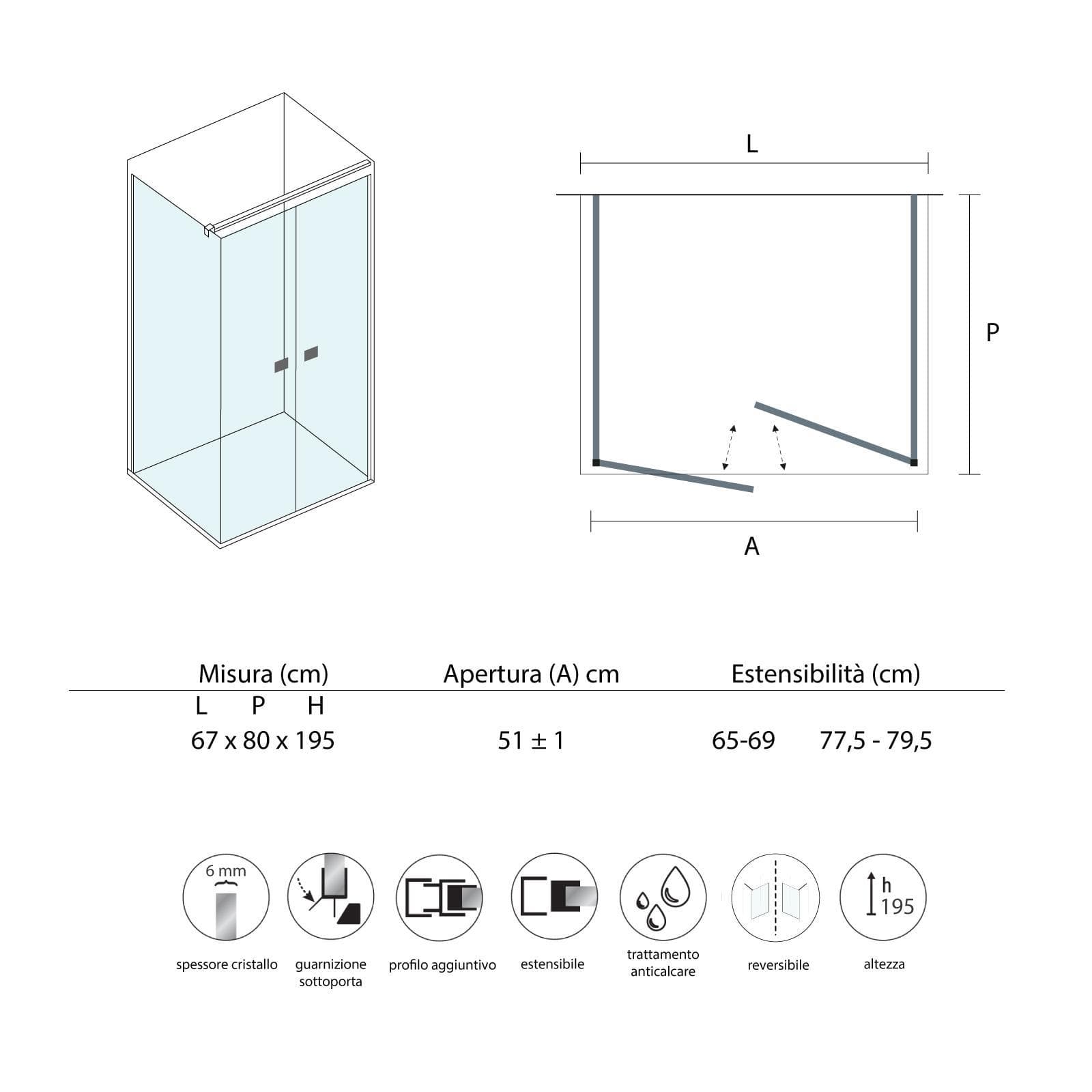 Box doccia 65x80 cm saloon in cristallo anticalcare trasparente 195h - Tempo Evo