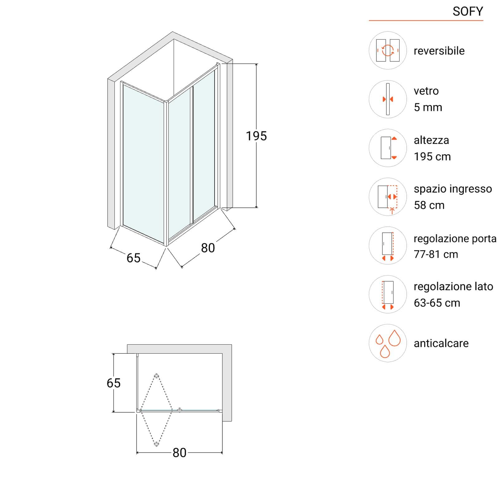 Box doccia 65x80 cm porta a soffietto 195h trasparente - Sofy