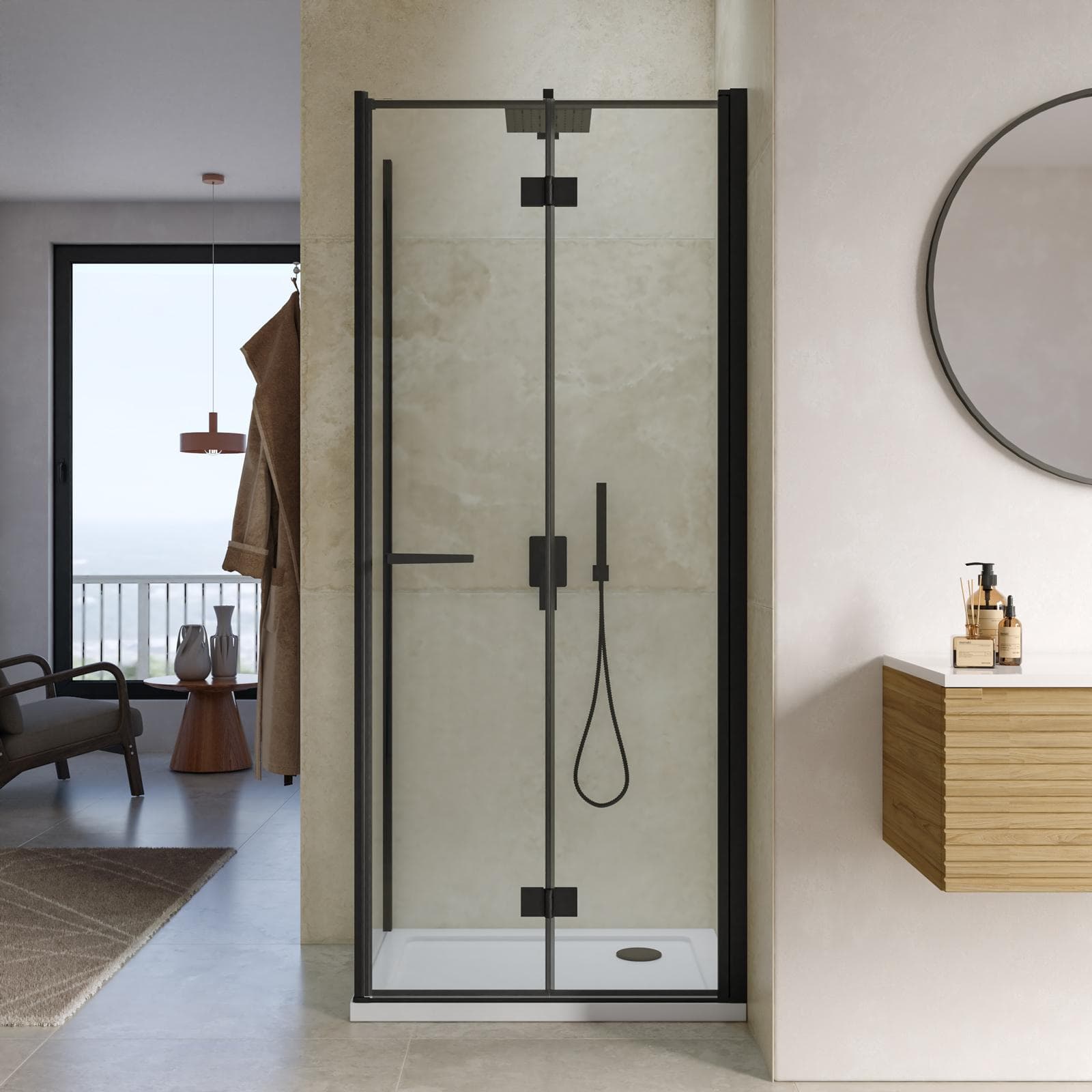 Box doccia 65x85 cm a soffietto vetro anticalcare trasparente e profilo nero opaco 195h - Flexy