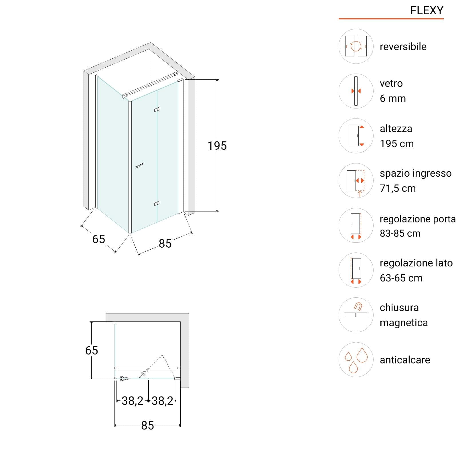 Box doccia 65x85 cm a soffietto vetro anticalcare trasparente e profilo nero opaco 195h - Flexy