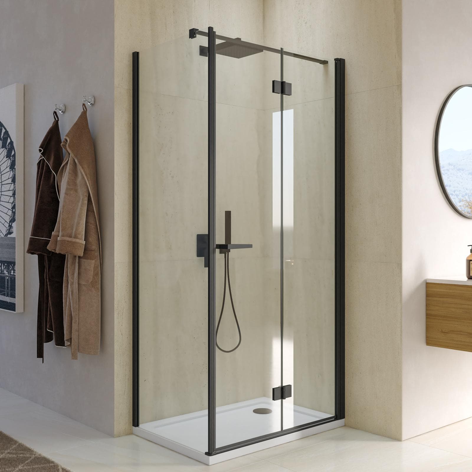 Box doccia 65x95 cm a soffietto vetro anticalcare trasparente e profilo nero opaco 195h - Flexy
