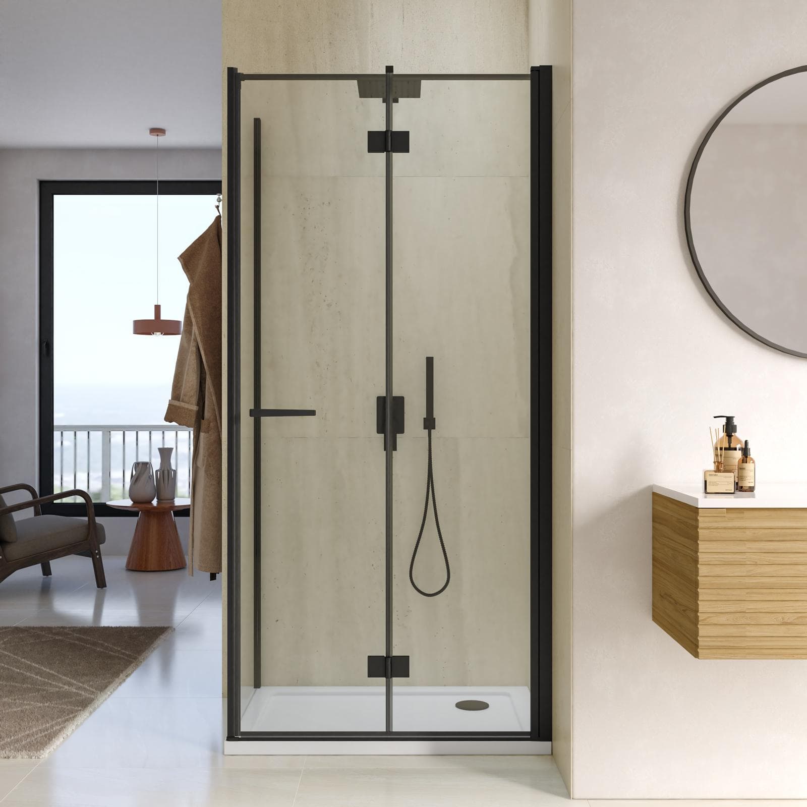 Box doccia 65x95 cm a soffietto vetro anticalcare trasparente e profilo nero opaco 195h - Flexy