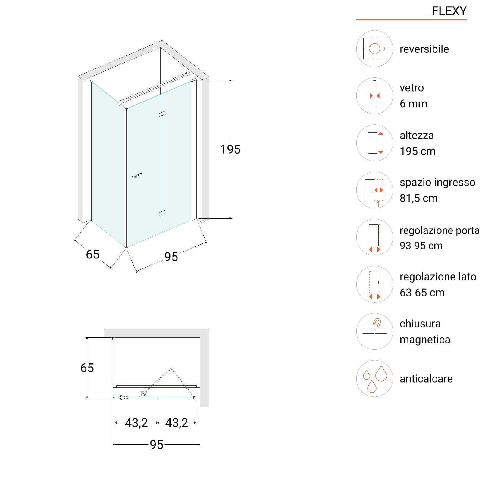 Box doccia 65x95 cm a soffietto vetro anticalcare trasparente e profilo nero opaco 195h - Flexy
