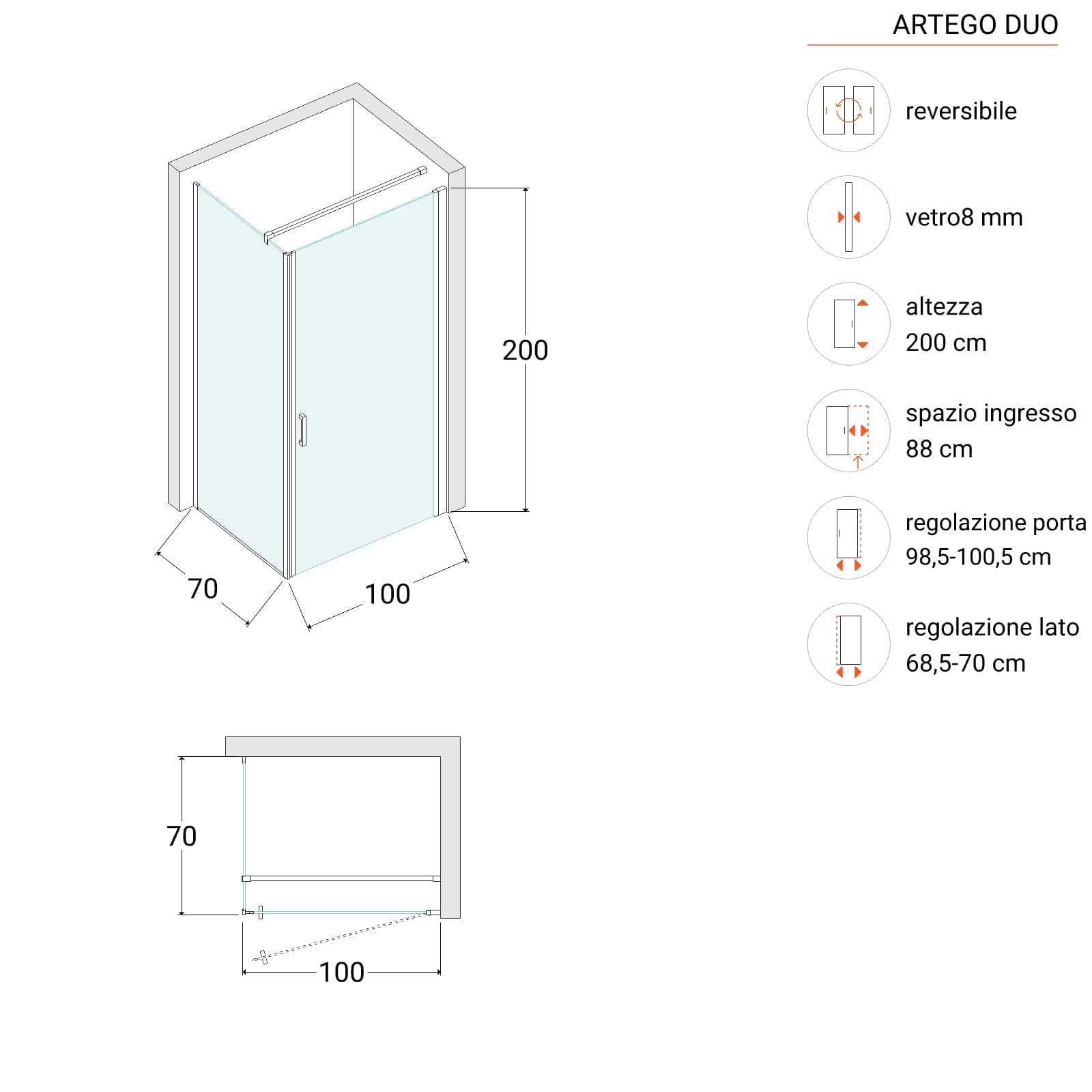 Box doccia 70X100 cm lato fisso specchiato con battente e profilo cromo 200h - Artego Duo