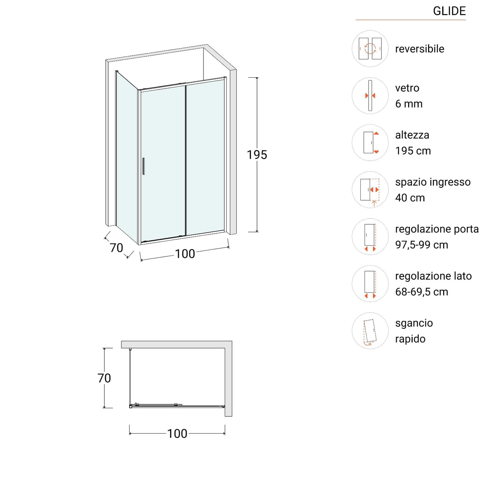 Box doccia 70x100 cm scorrevole vetro trasparente e profilo nero opaco 195h - Glide