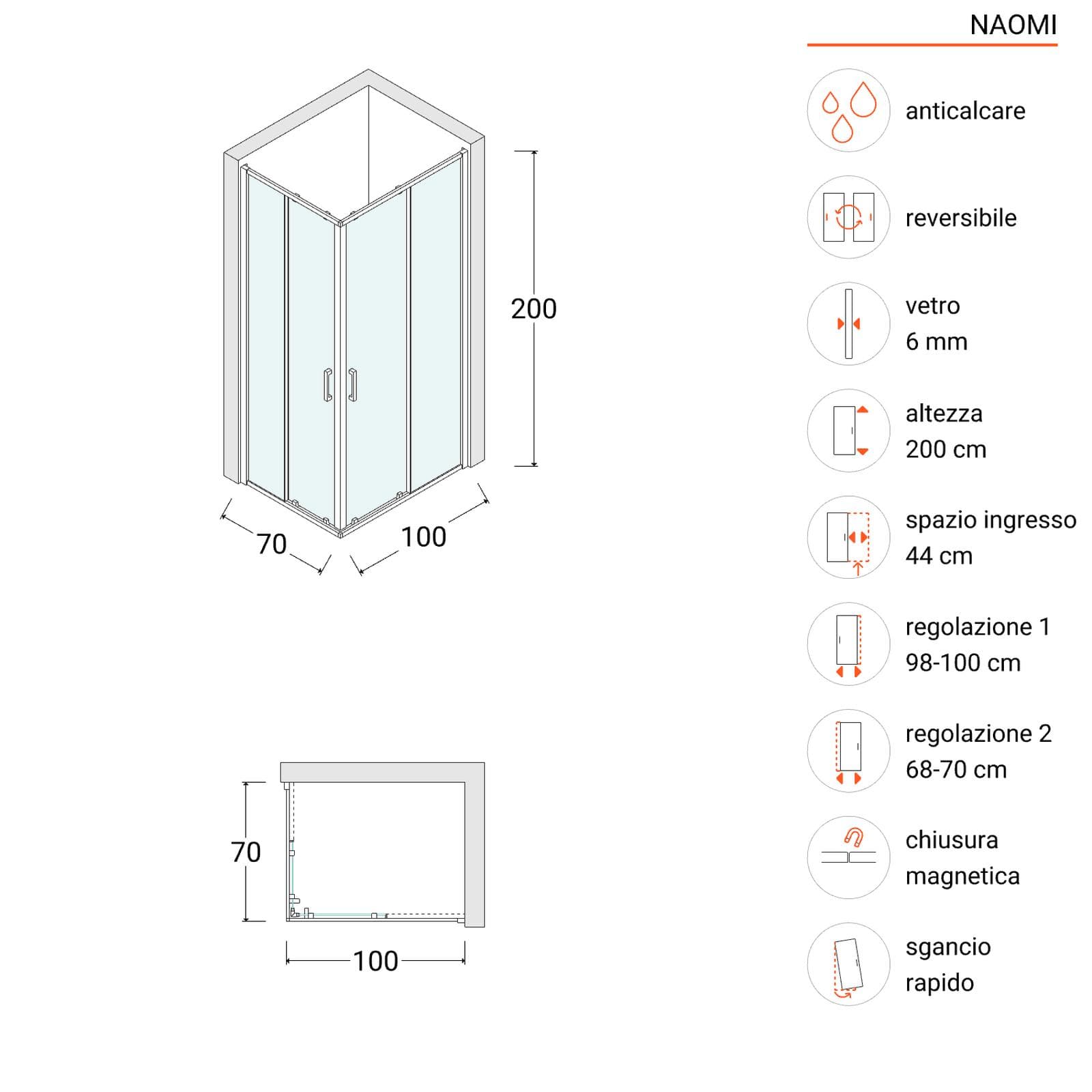 Box doccia 70x100 nero apertura angolo scorrevole anticalcare trasparente - Naomi