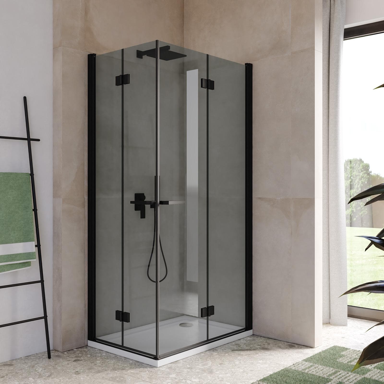 Box doccia 70x105 cm doppio soffietto vetro anticalcare fumè e profilo nero opaco 195h - Flexy
