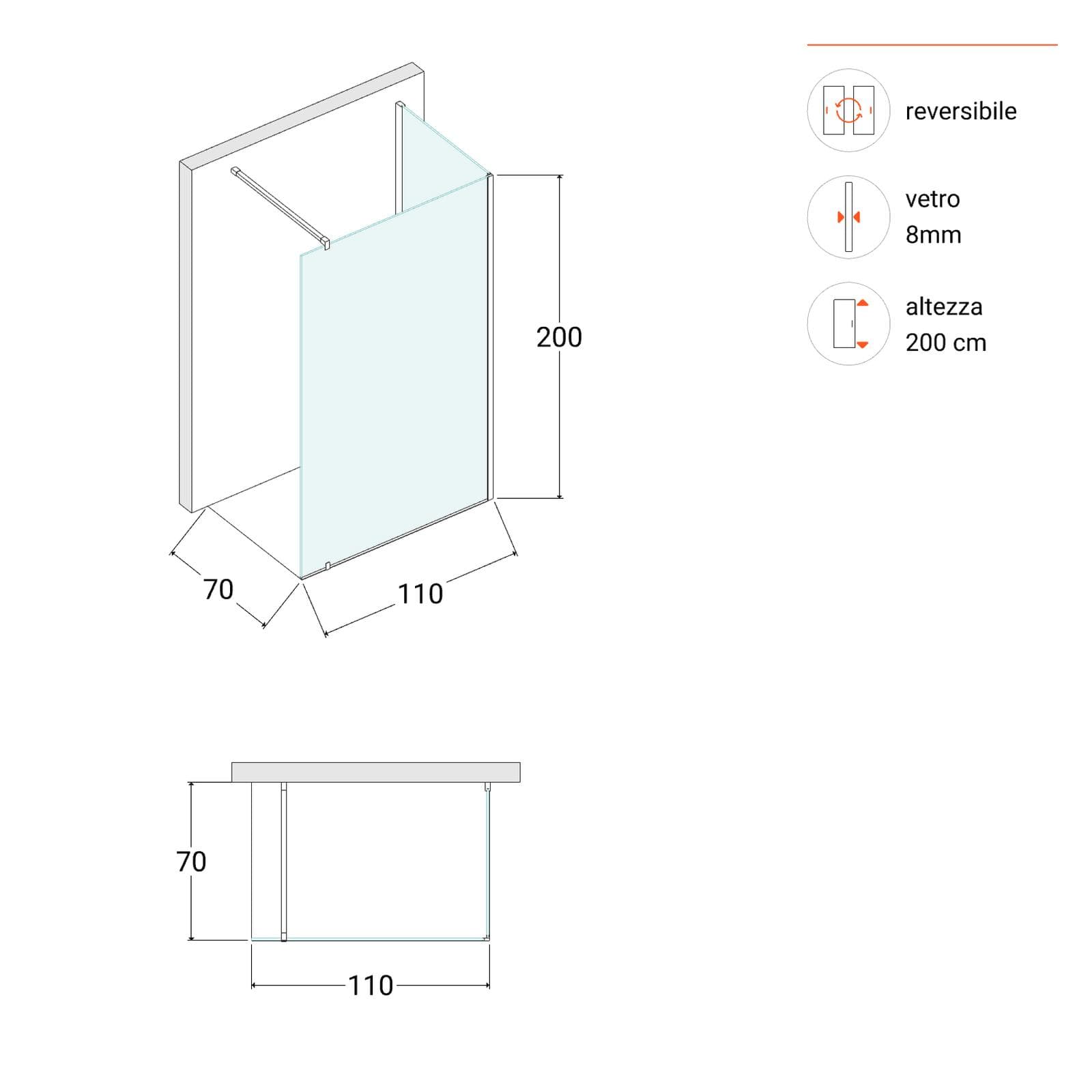 Box doccia walk-in 70x110 cm angolare con vetro trasparente e profilo cromo 200h - Keep
