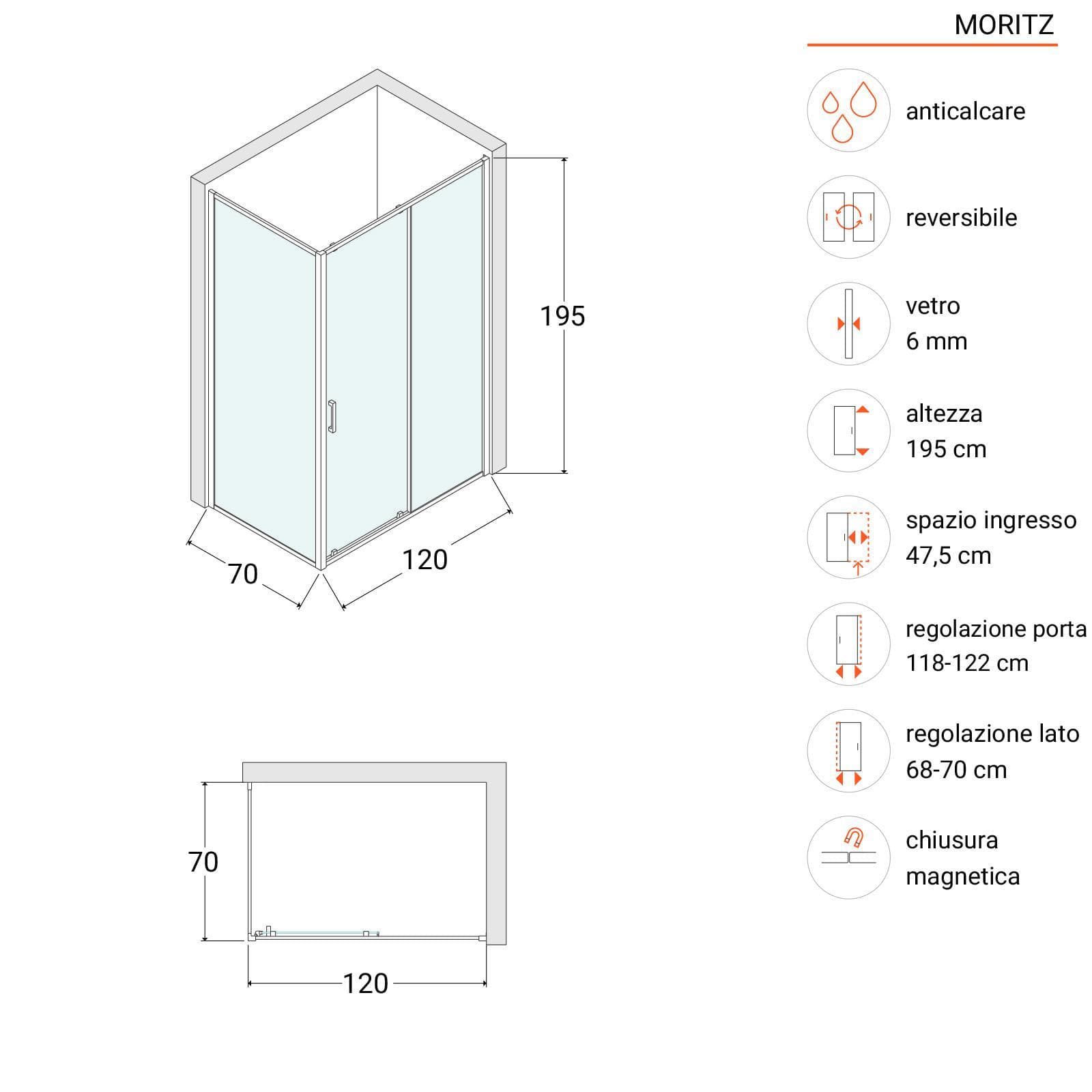 Box doccia 70x120 cm scorrevole vetro trasparente anticalcare profilo cromo 195h - Moritz