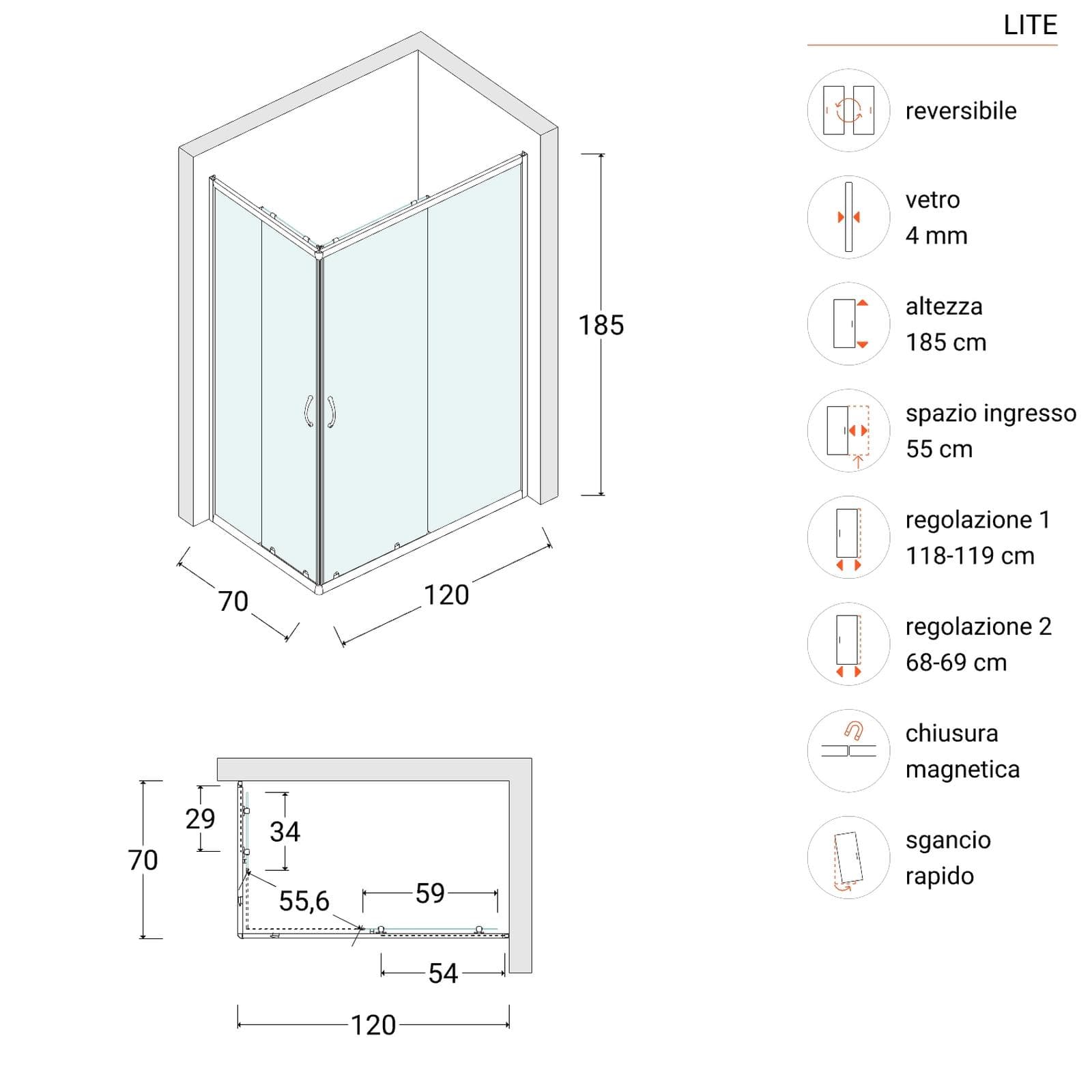 Box doccia 70X120 cm scorrevole con vetro trasparente e profilo bianco 185h - Lite
