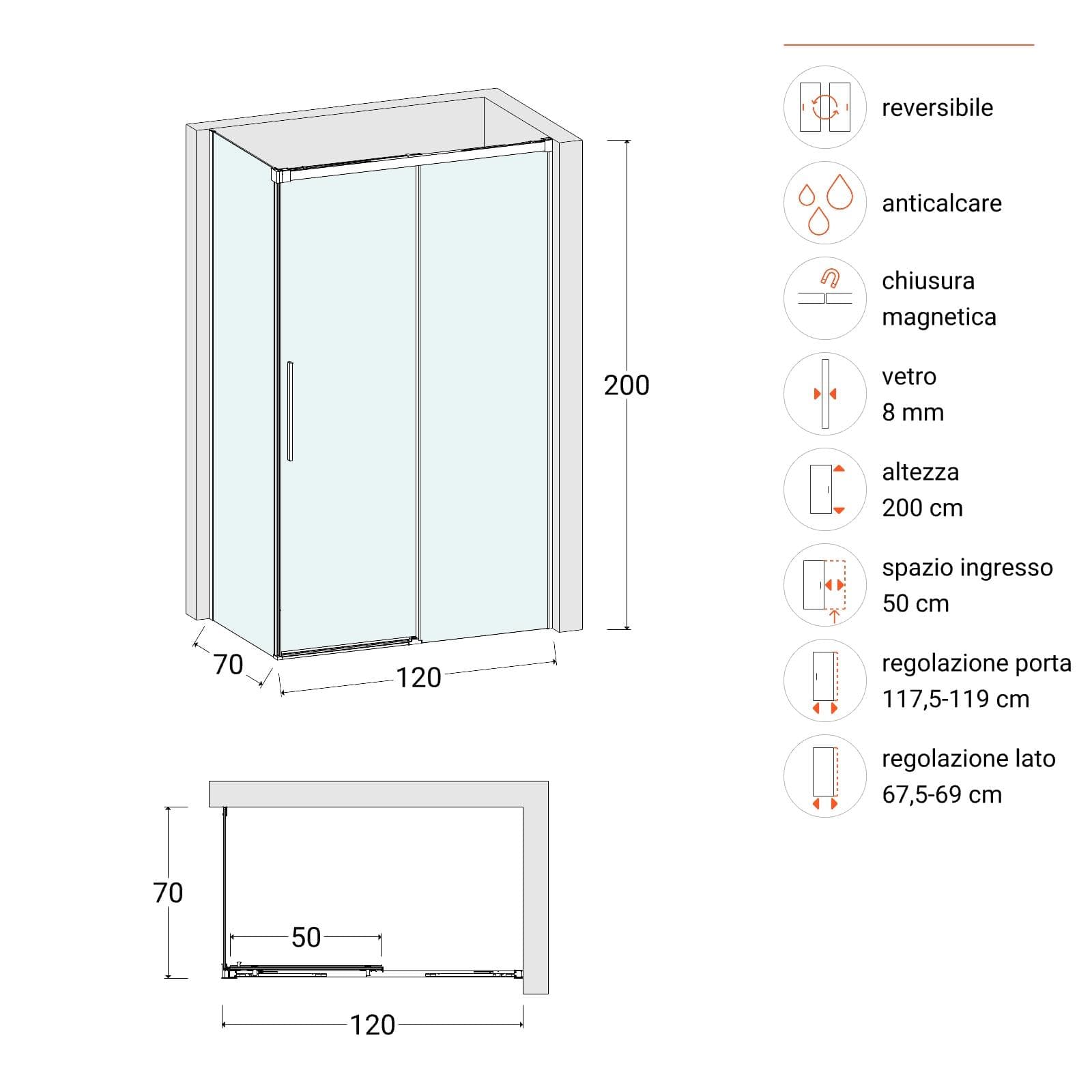 Box doccia 70x120 cm scorrevole vetro anticalcare 8 mm trasparente profilo nero opaco 200 h - Alissa