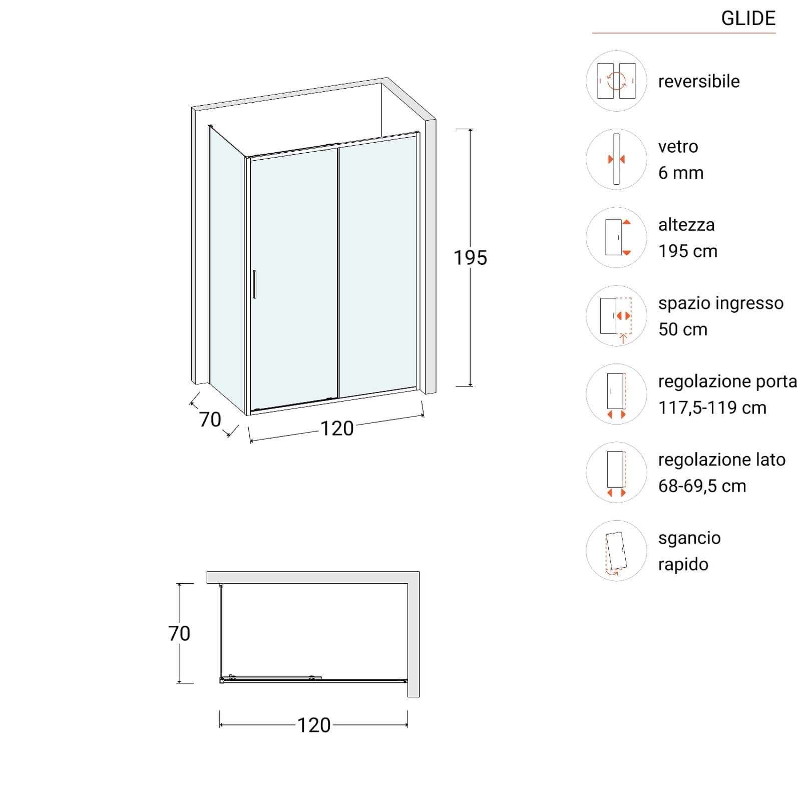 Box doccia 70x120 cm scorrevole vetro trasparente e profilo nero opaco 195h - Glide