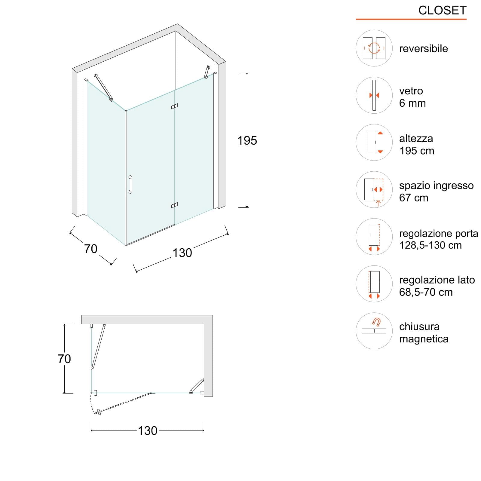 Box doccia 70x130 cm battente vetro temperato anticalcare 195h - Closet