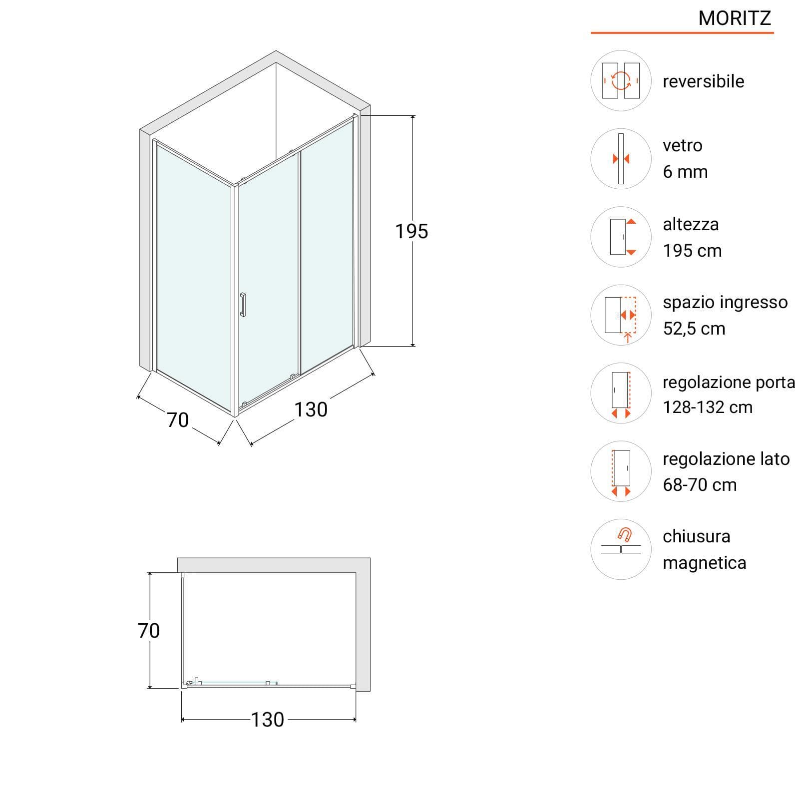 Box doccia 70x130 cm anta scorrevole vetro opaco profilo cromo 195h - Moritz