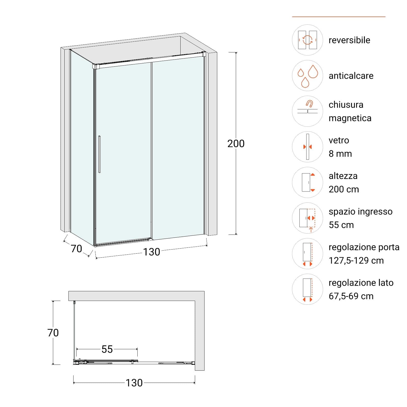 Box doccia 70x130 cm scorrevole vetro anticalcare 8 mm trasparente profilo spazzolato 200 h - Alissa
