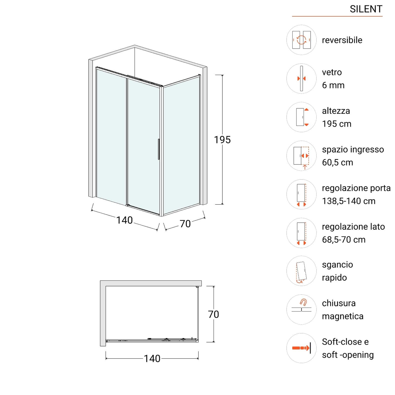 Box doccia 70x140 cm scorrevole vetro trasparente e profilo nero opaco 195h - Silent