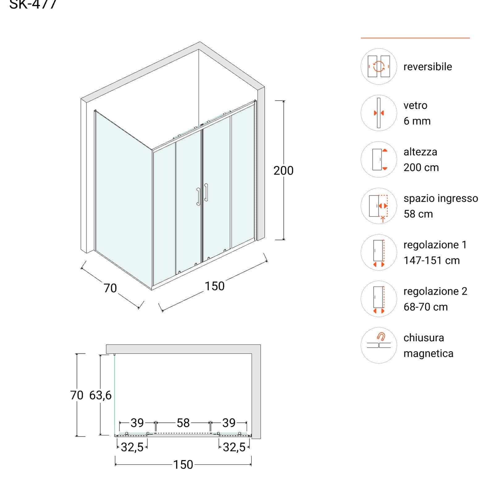 Box doccia 70x150 cm doppio scorrevole con vetro trasparente e profilo cromo 200h - Skin