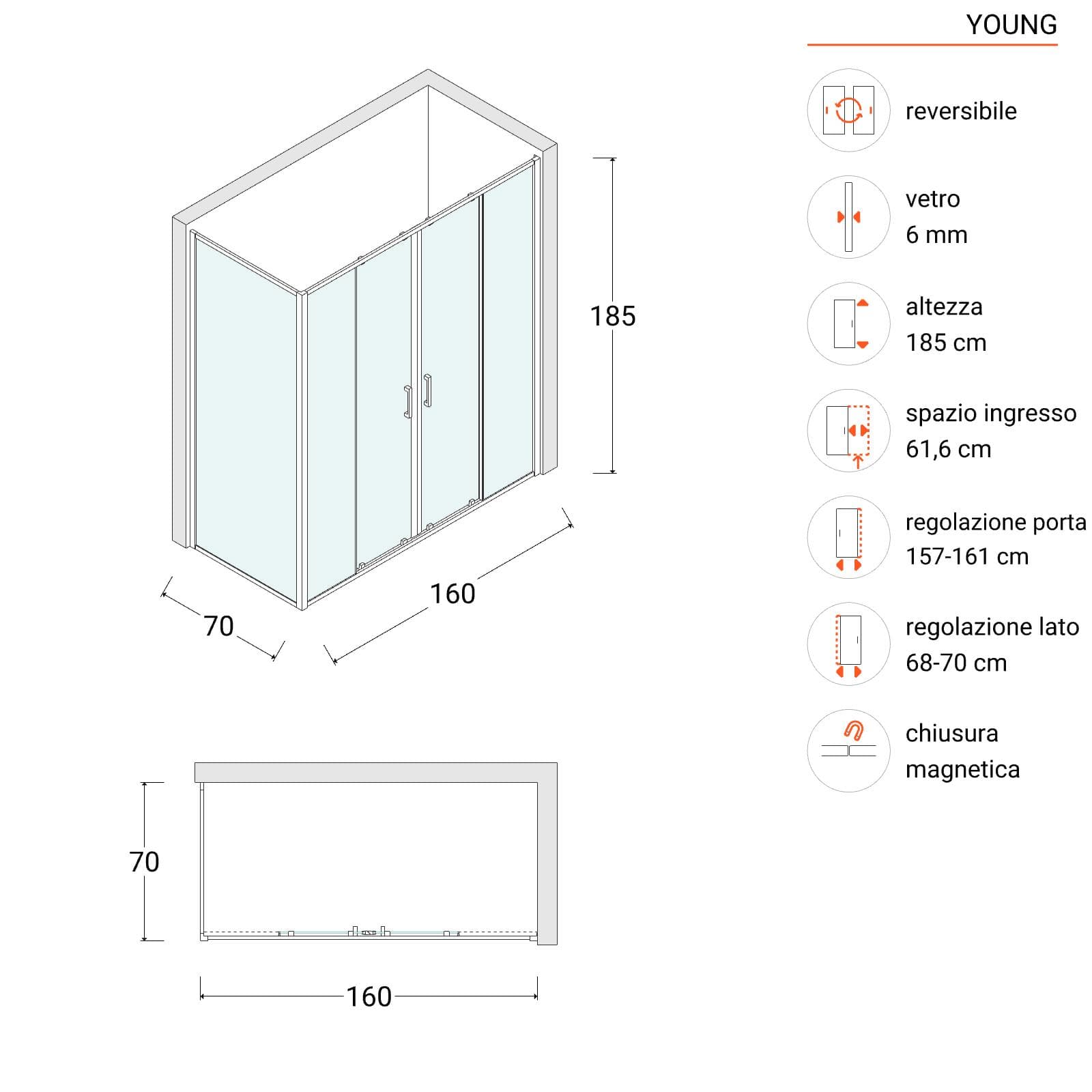 Box doccia 70x160 cm doppio scorrevole vetro temperato 6mm trasparente 185h - Young