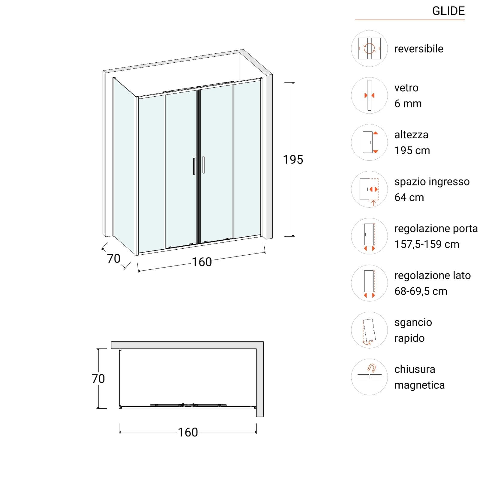 Box doccia 70x160 cm doppio scorrevole vetro trasparente e profilo cromo 195h - Glide