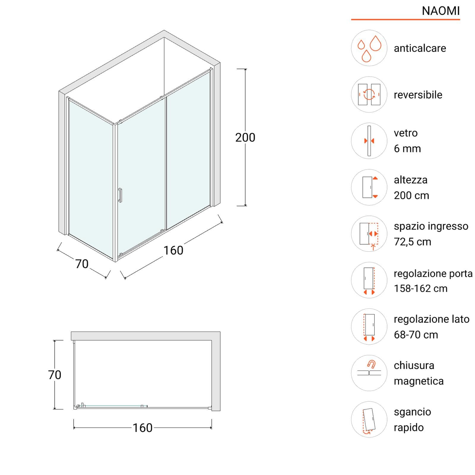 Box doccia 70x160 cm scorrevole anticalcare profilo nero 200h - Naomi