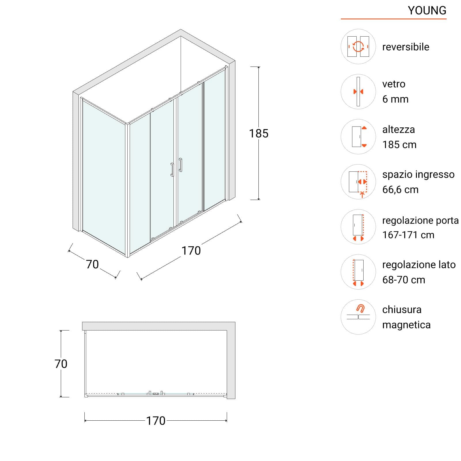 Box doccia 70x170 cm doppio scorrevole vetro temperato 6mm stampato 185h - Young