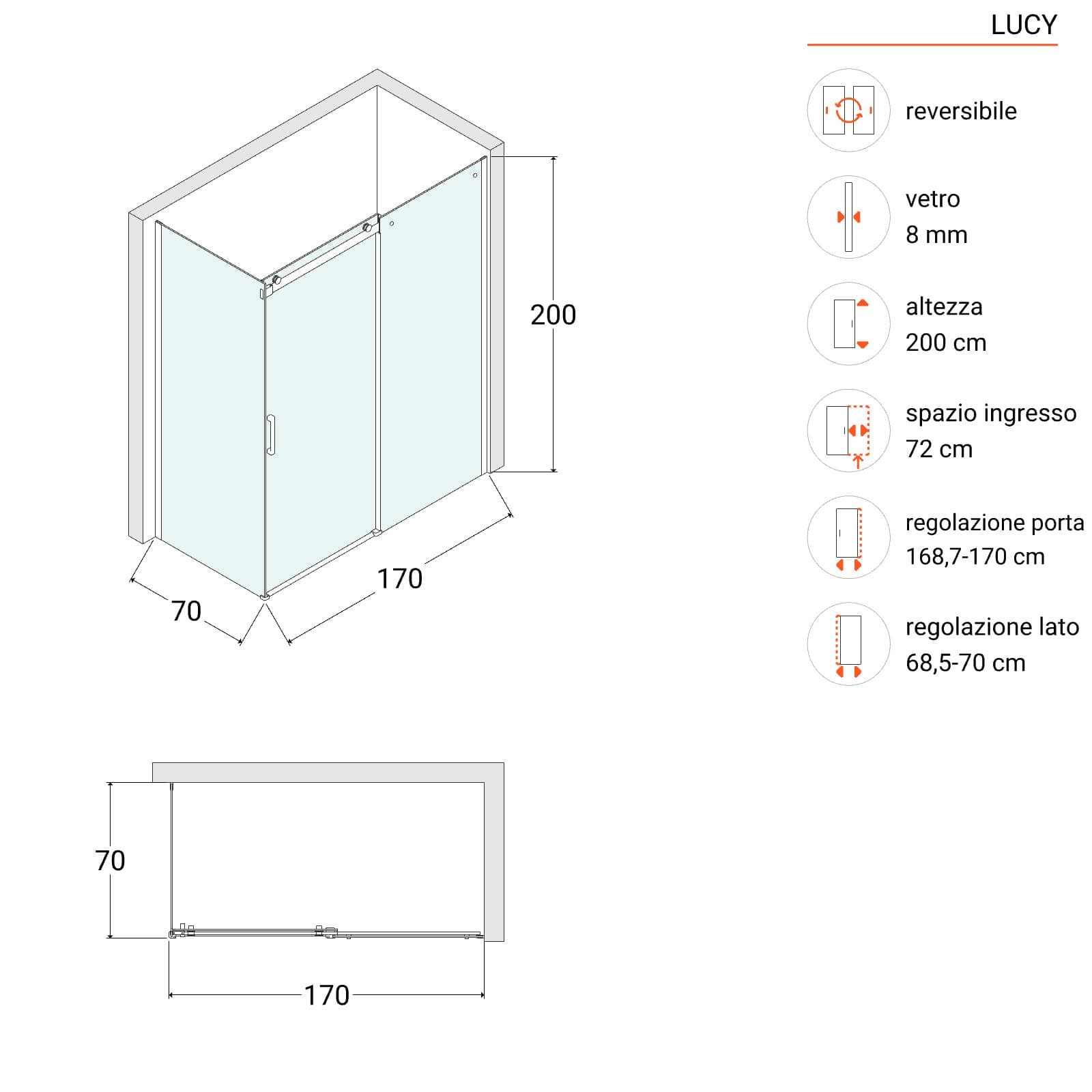 Box doccia 70x170 cm scorrevole in vetro anticalcare trasparente e profilo cromo 200h - Lucy