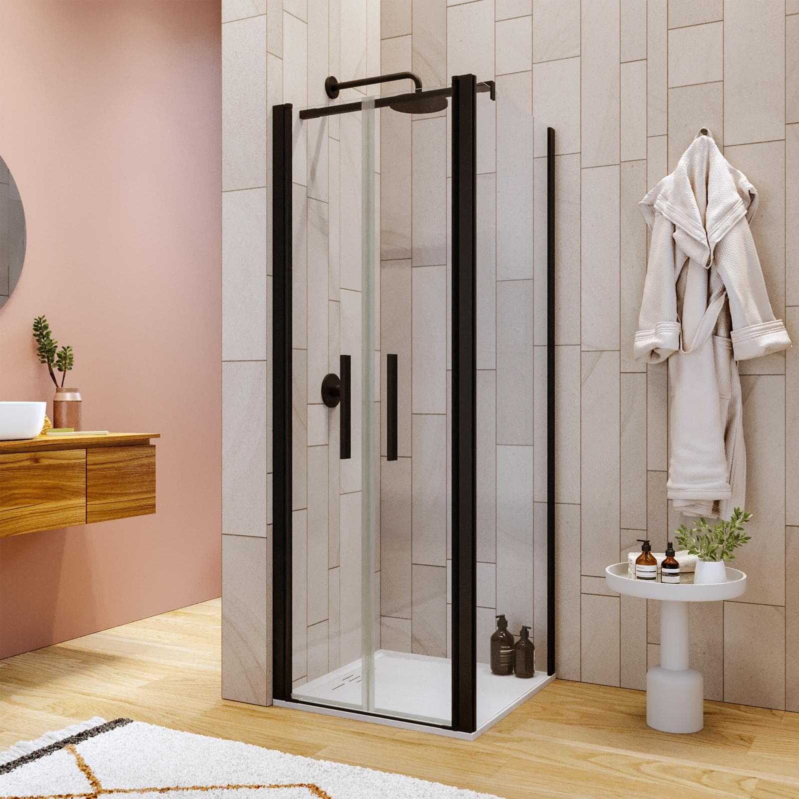 Box doccia 70x70 apertura saloon con vetro anticalcare trasparente e profilo nero 195h - Lost