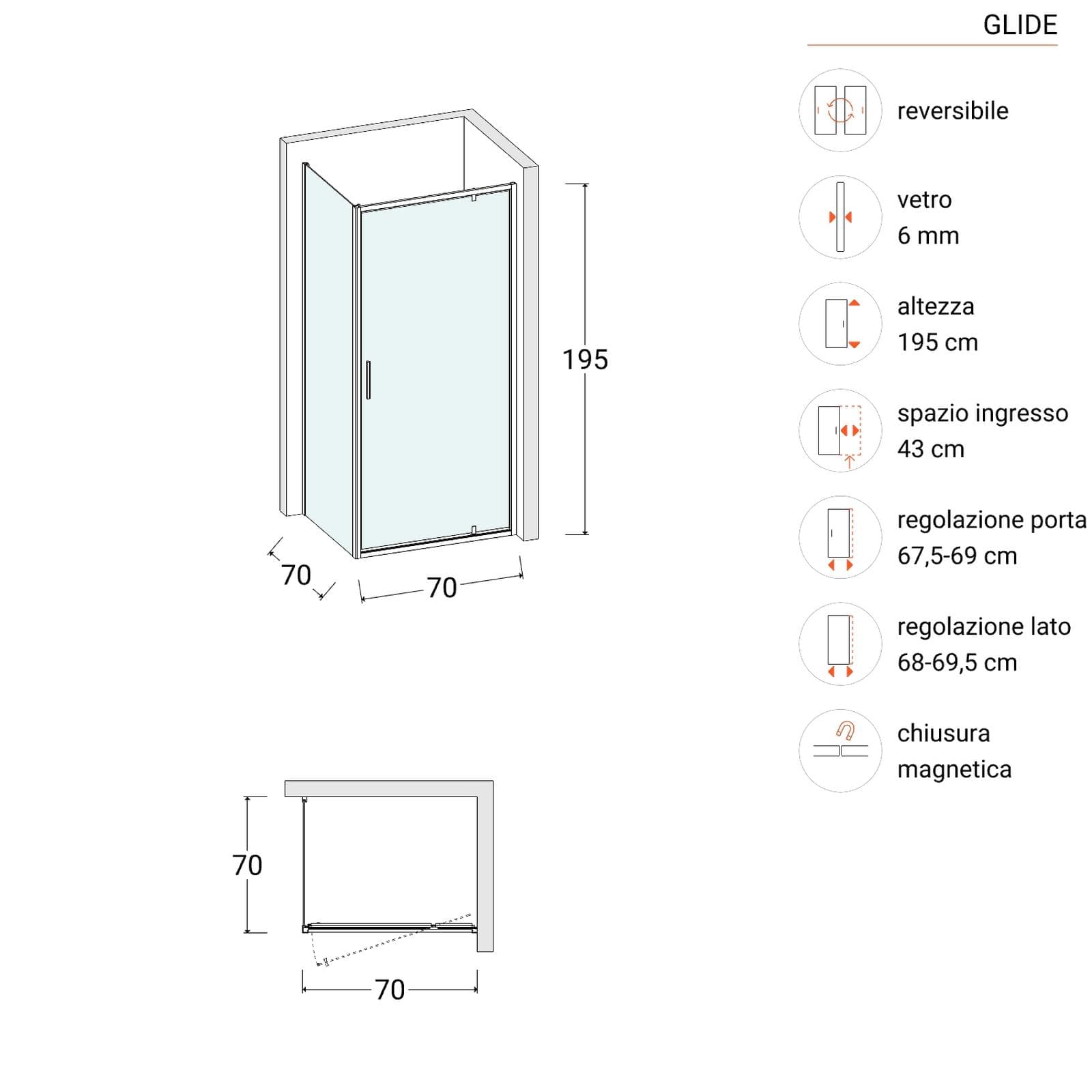 Box doccia 70x70 cm battente vetro trasparente e profilo nero opaco 195h - Glide