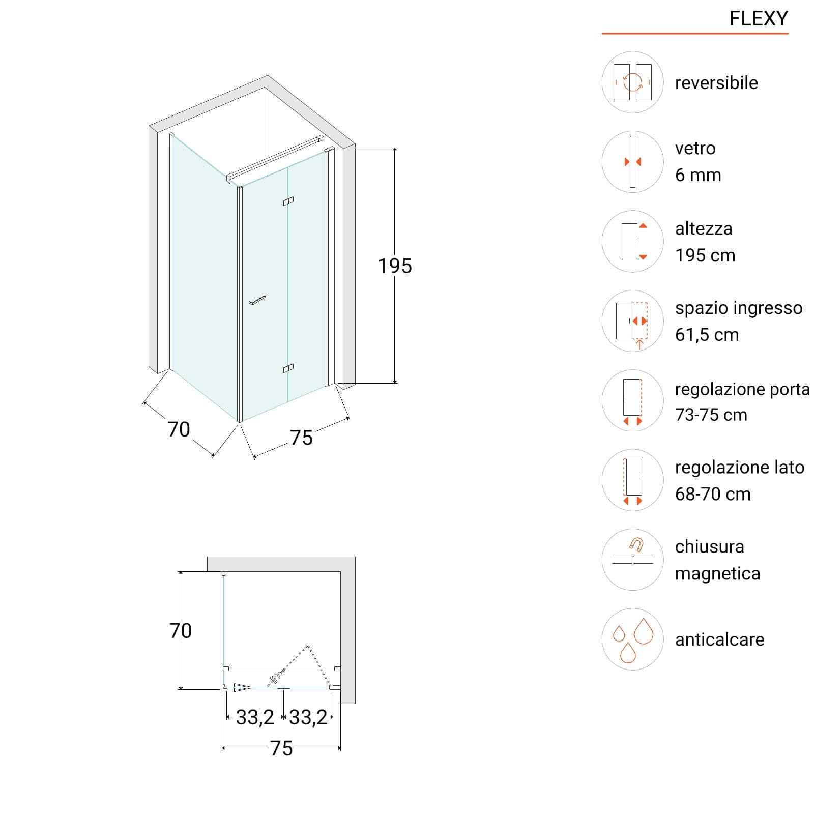 Box doccia 70x75 cm a soffietto vetro anticalcare trasparente profilo cromo 195h - Flexy