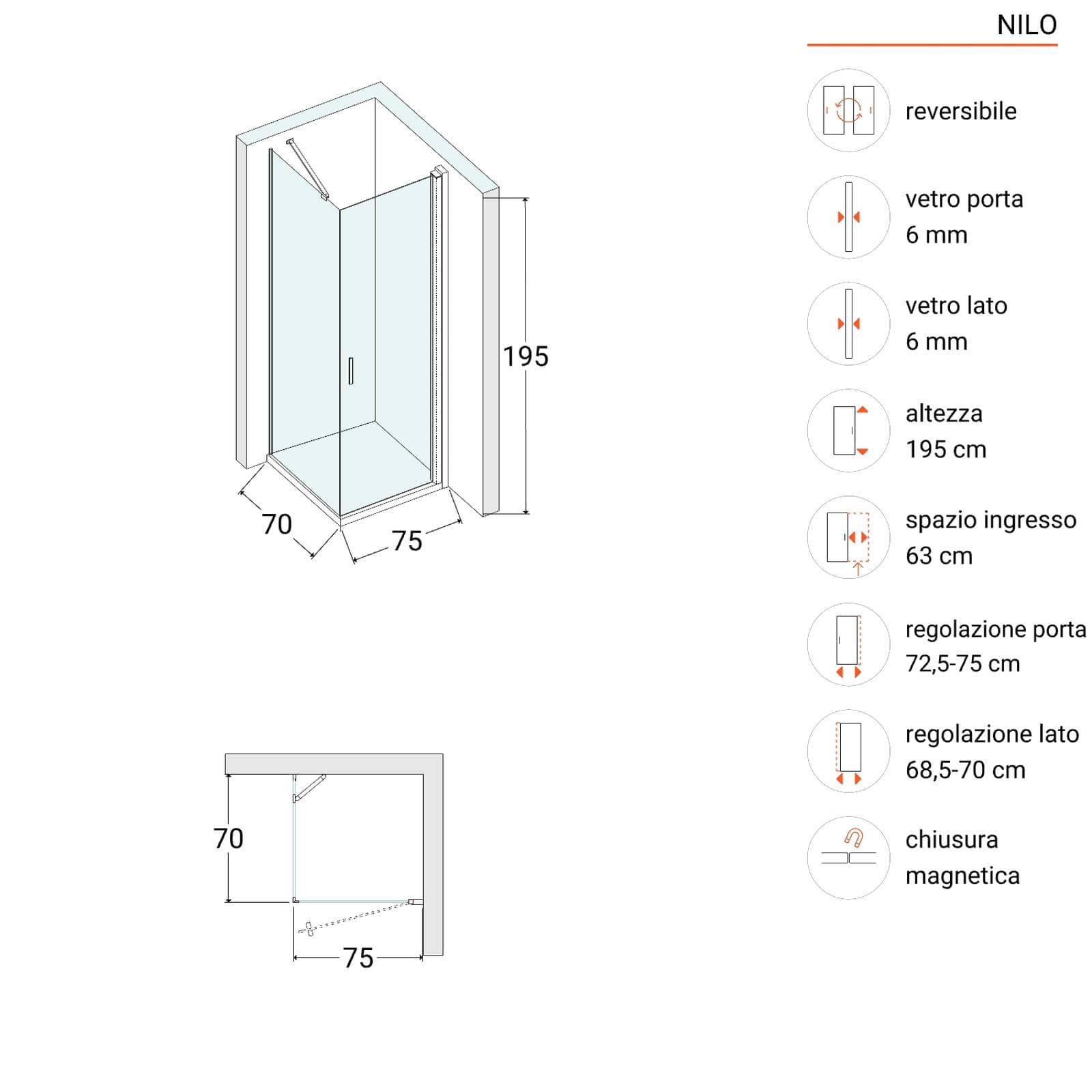 Box doccia 70X75 cm battente 75 cm con vetro temperato bronzato e profilo cromo 195h - Nilo