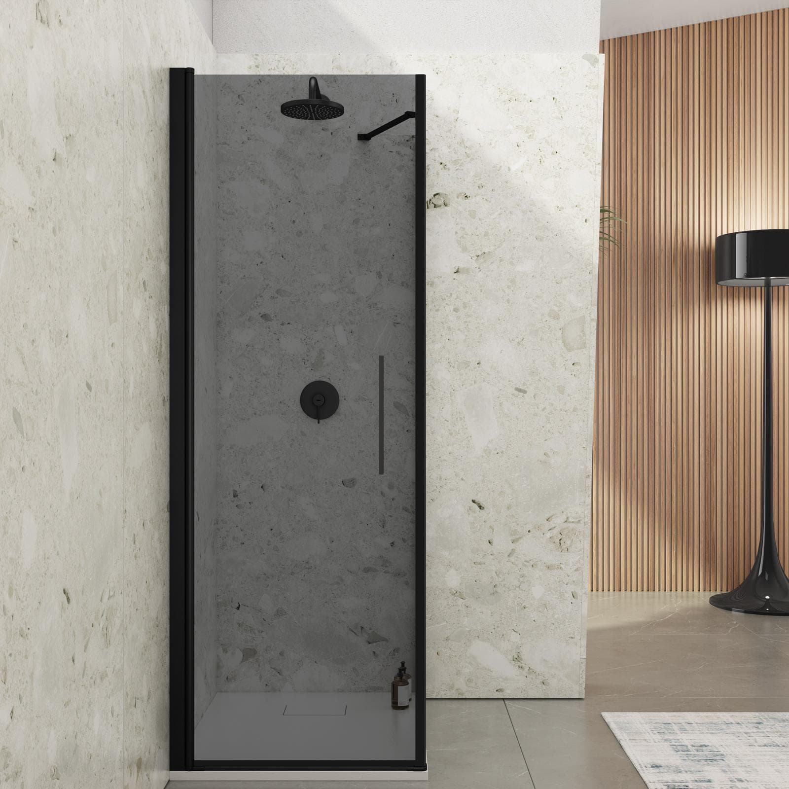 Box doccia 70X75 cm battente con vetro temperato fumé e profilo nero opaco 195h - Nilo