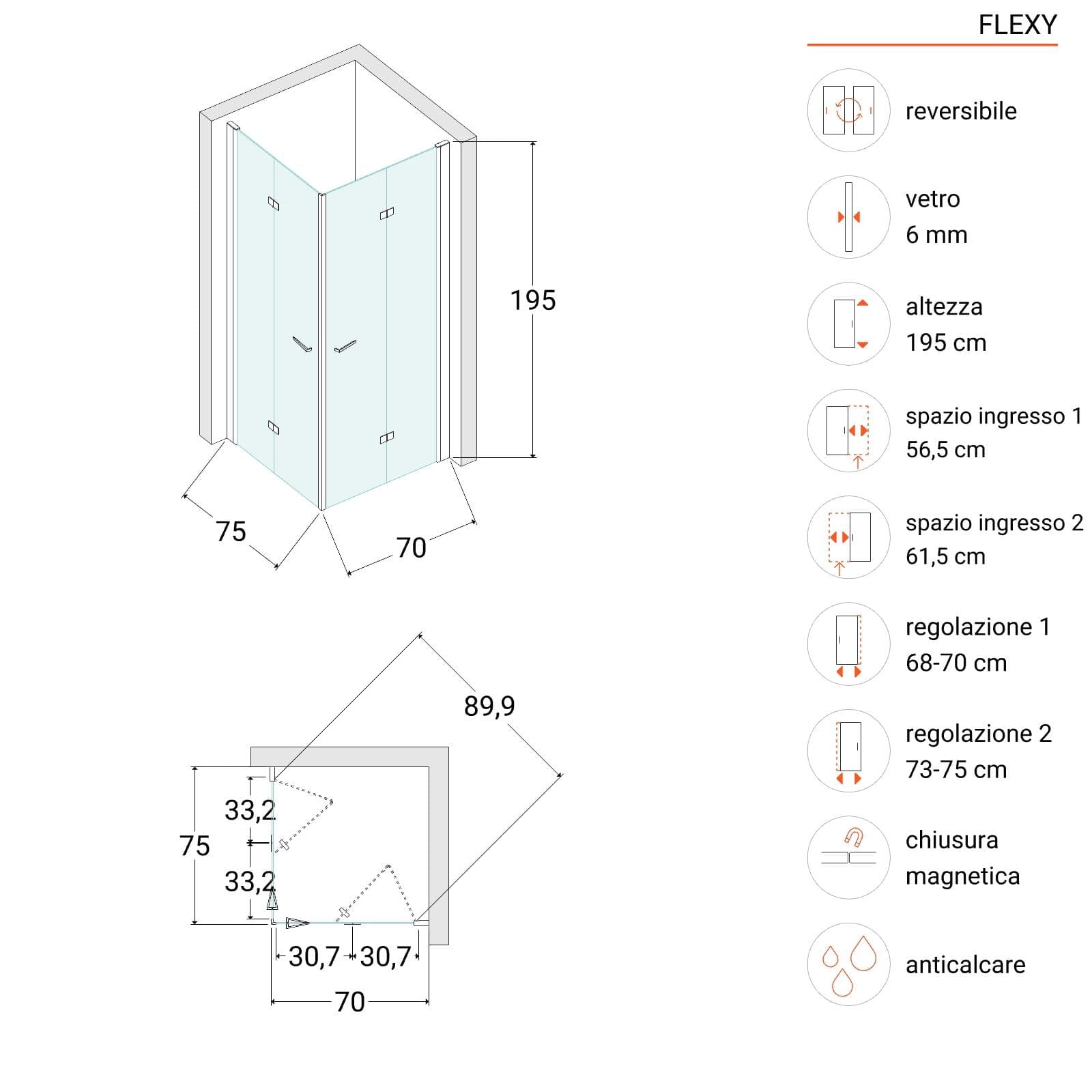 Box doccia 70x75 cm doppio soffietto vetro anticalcare trasparente e profilo nero opaco 195h - Flexy