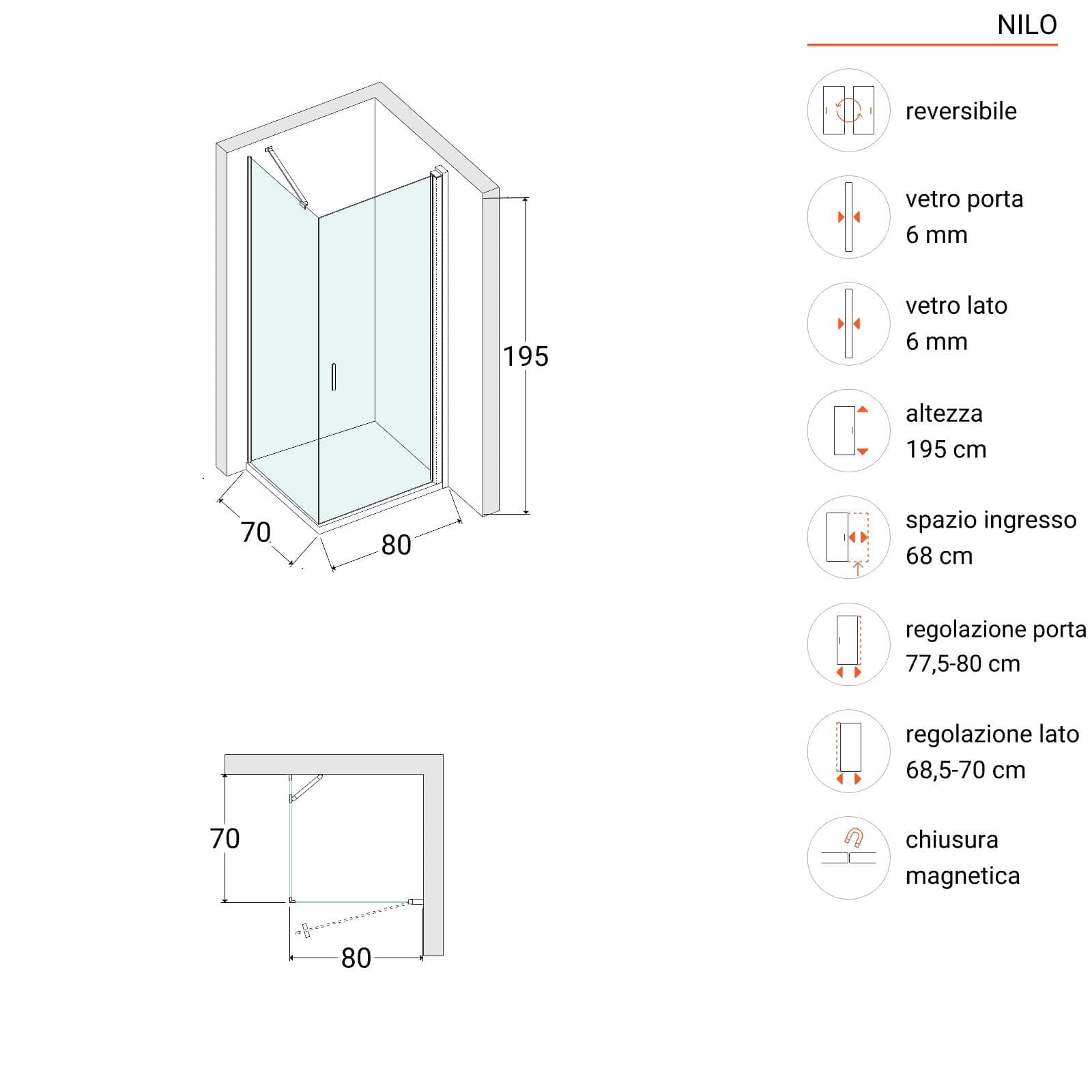 Box doccia 70x80 cm battente 80 cm con vetro temperato trasparente e profilo cromo 195h - Nilo