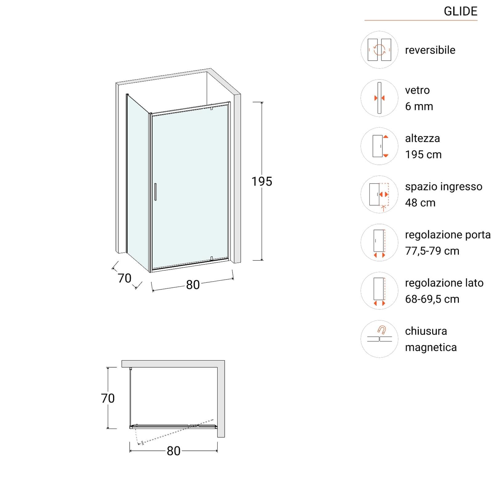 Box doccia 70x80 cm battente vetro trasparente e profilo cromo 195h - Glide