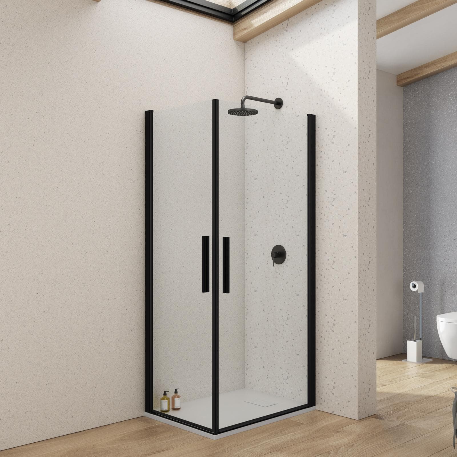 Box doccia 70x80 cm doppio battente con vetro temperato trasparente e profilo nero opaco 195h - Nilo