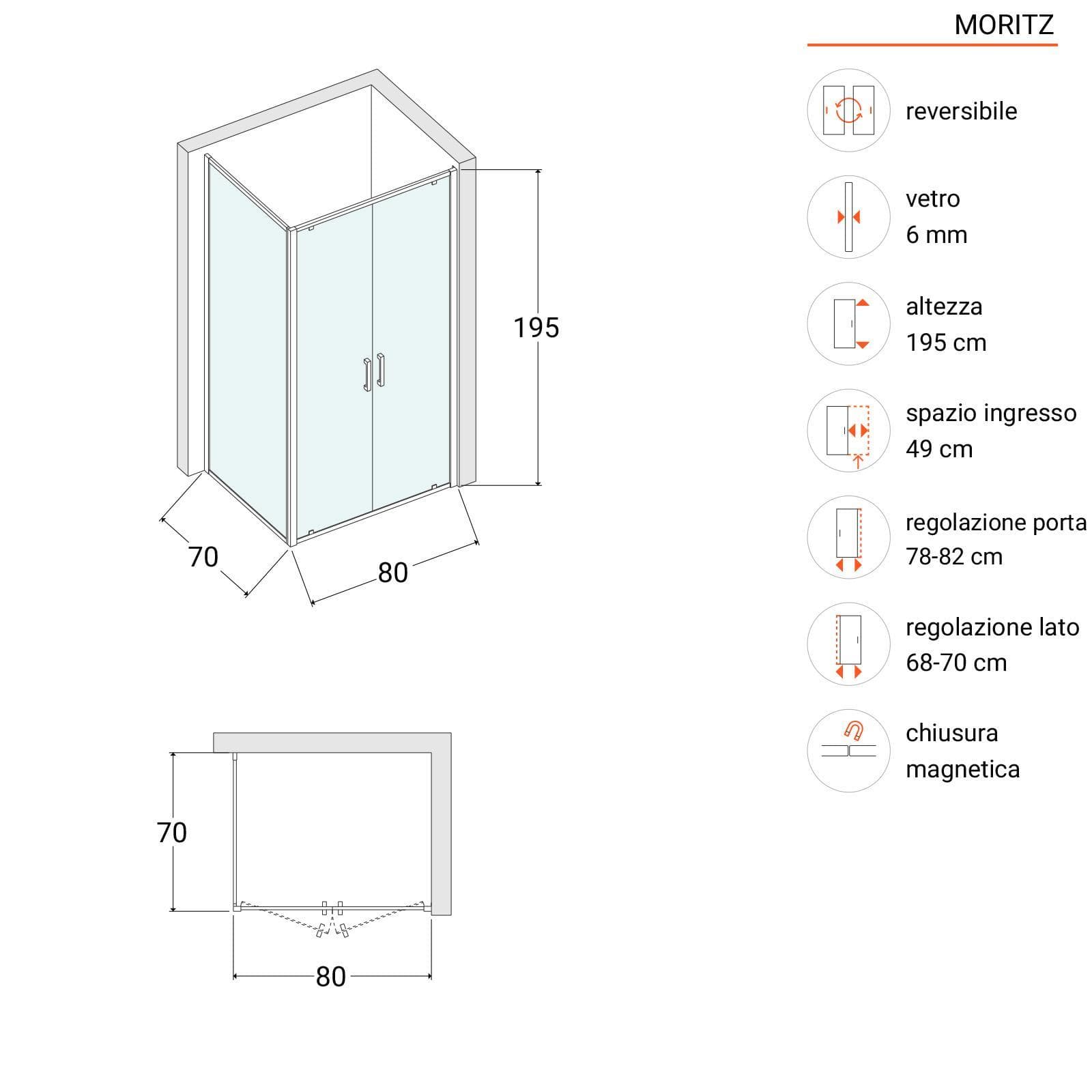 Box doccia 70x80 cm doppio battente vetro trasparente anticalcare profilo cromo 195h - Moritz