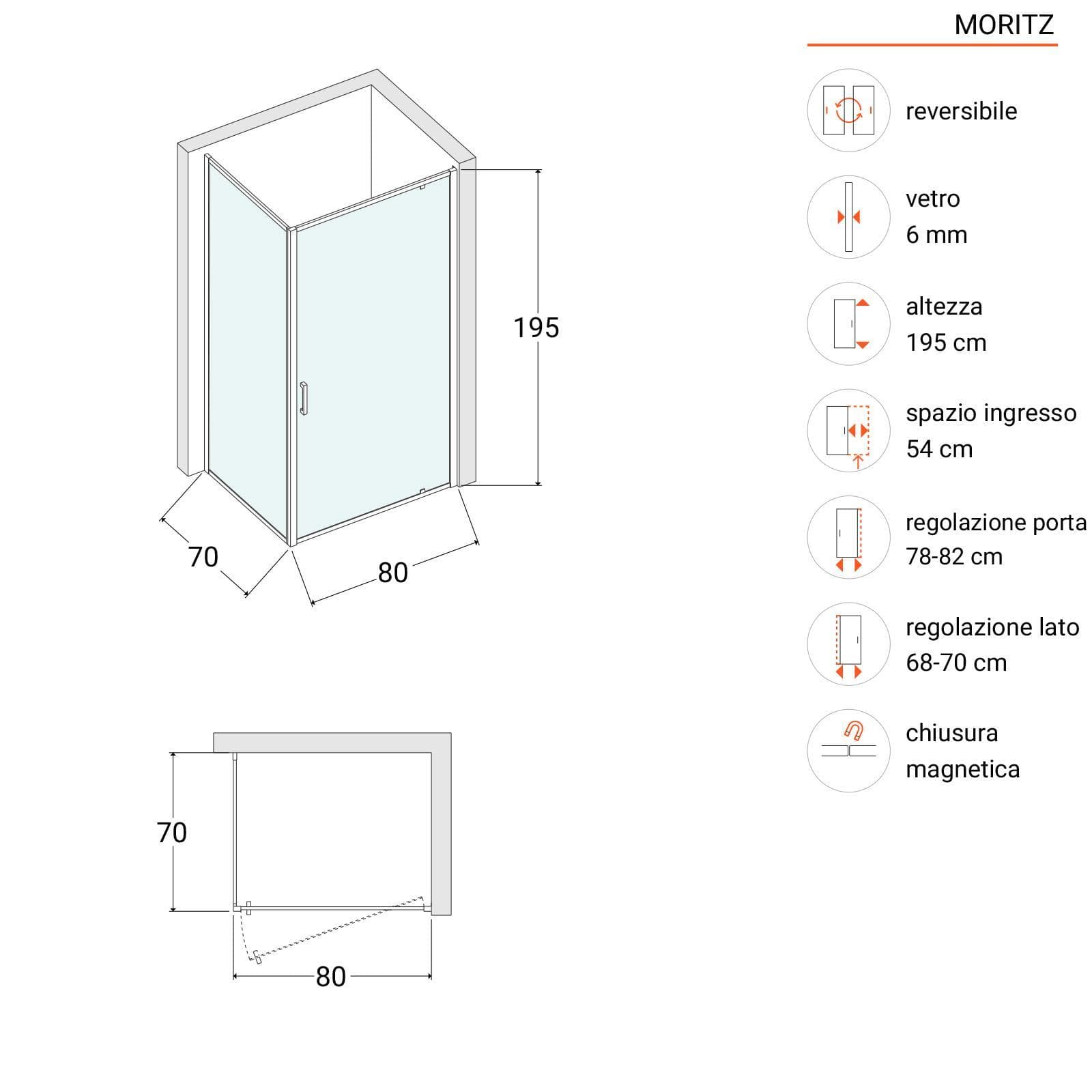 Box doccia 70x80 cm battente vetro trasparente anticalcare profilo cromo 195h - Moritz