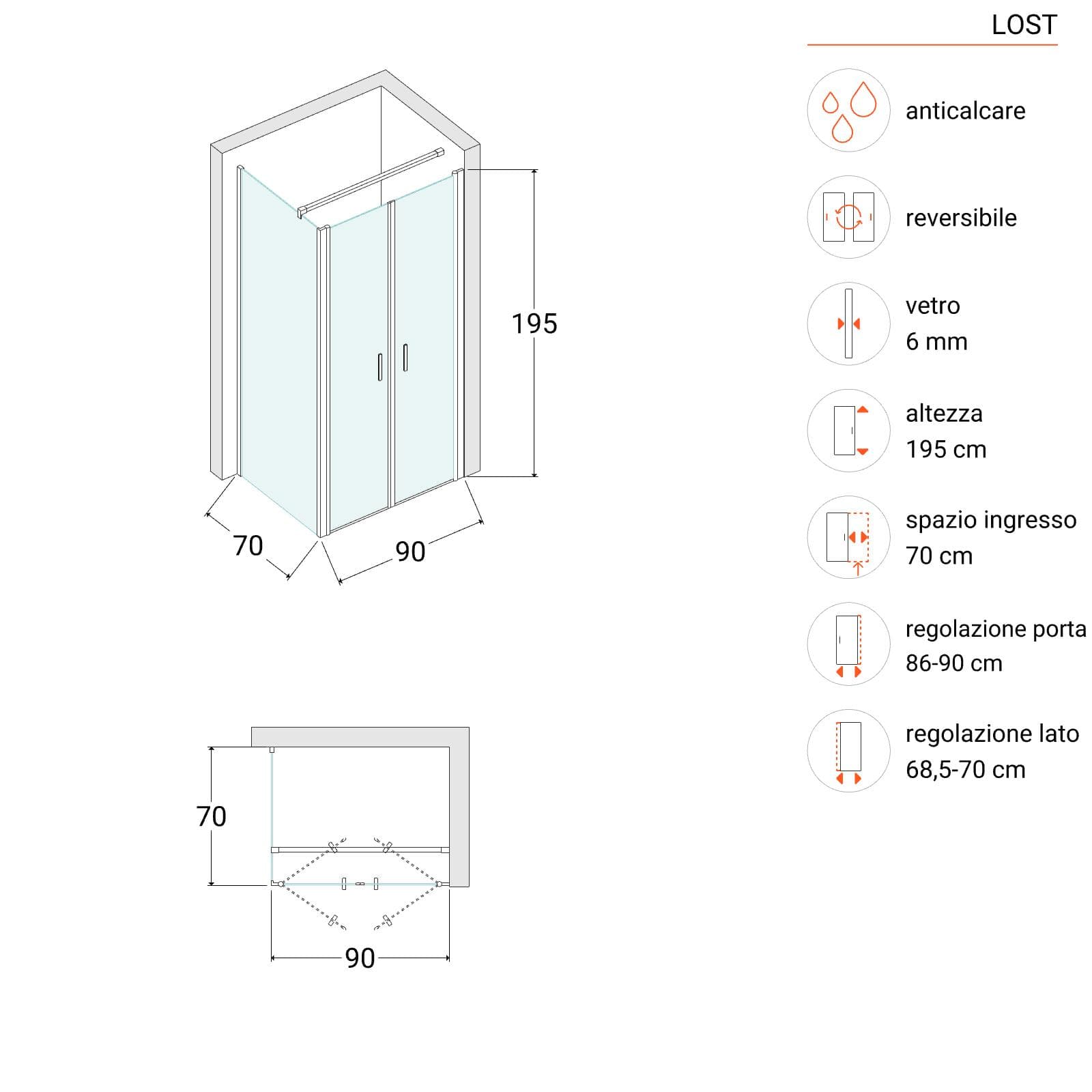 Box doccia 70x90 apertura saloon con vetro anticalcare opaco e profilo cromo 195h - Lost