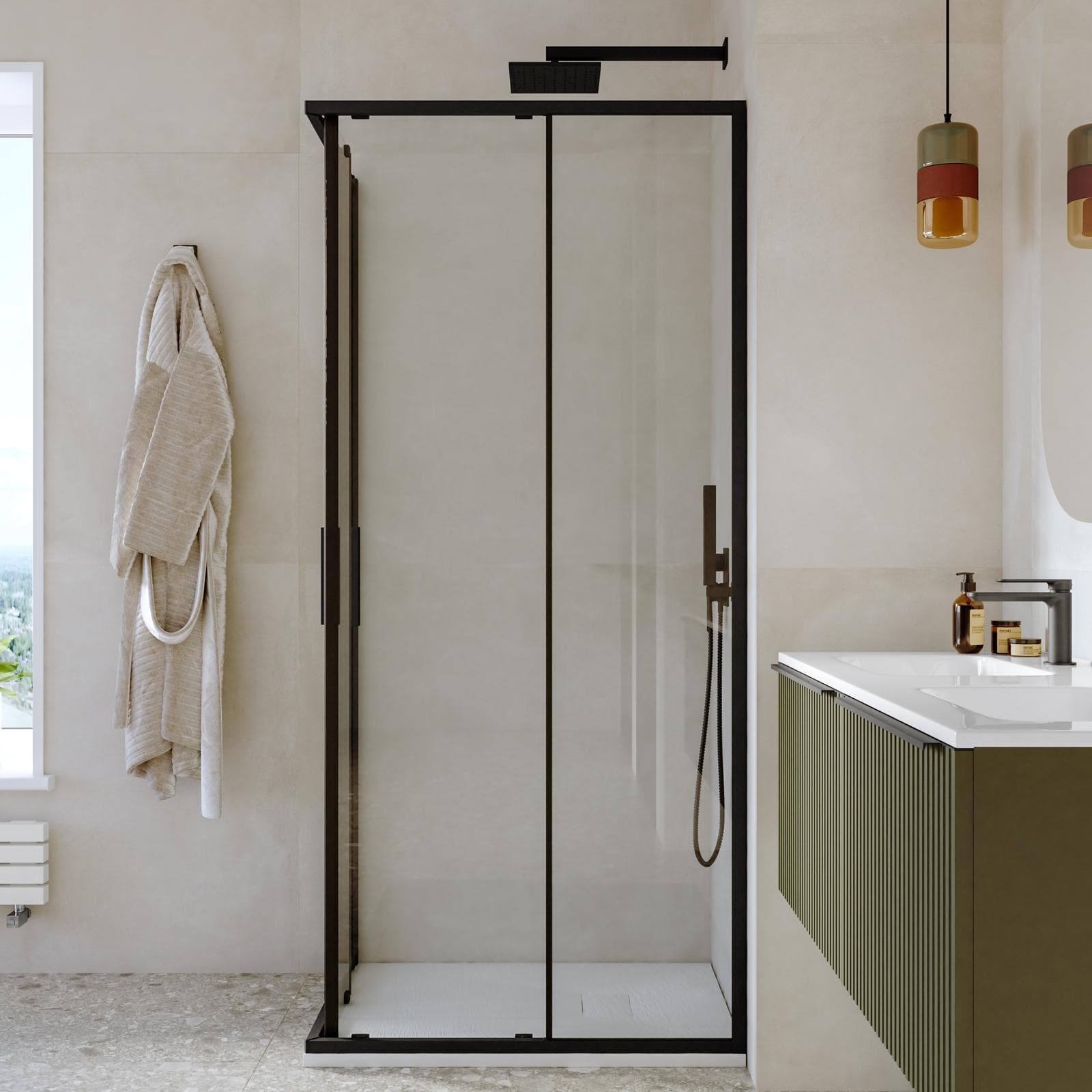 Box doccia 70x90 cm angolare scorrevole con vetro slim trasparente e profilo nero opaco 195h - Glide